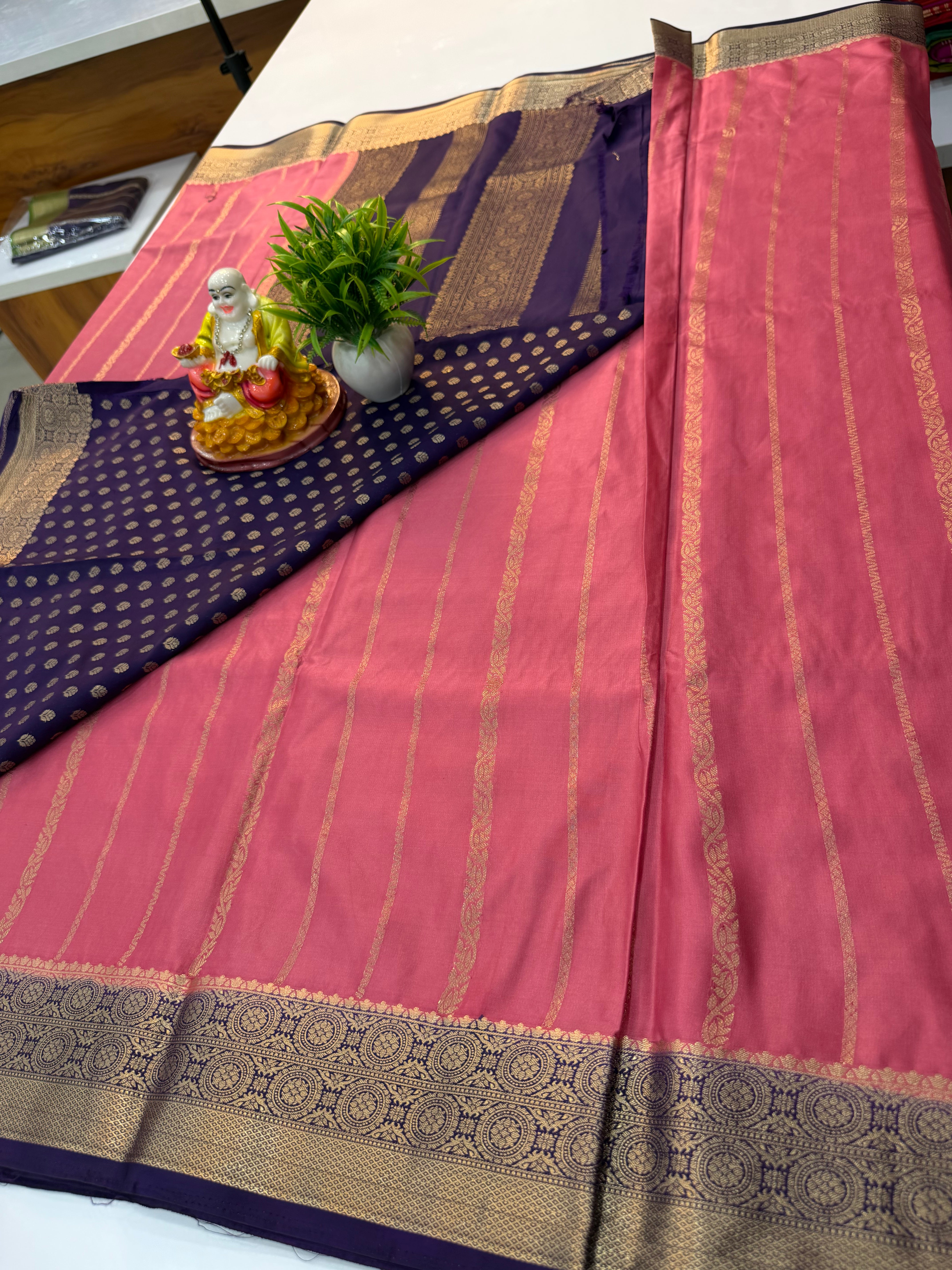 Premium Mysore Crepe Silk Saree with Elegant Stripes & Rich Pallu | Padmavathi Silks and Sarees