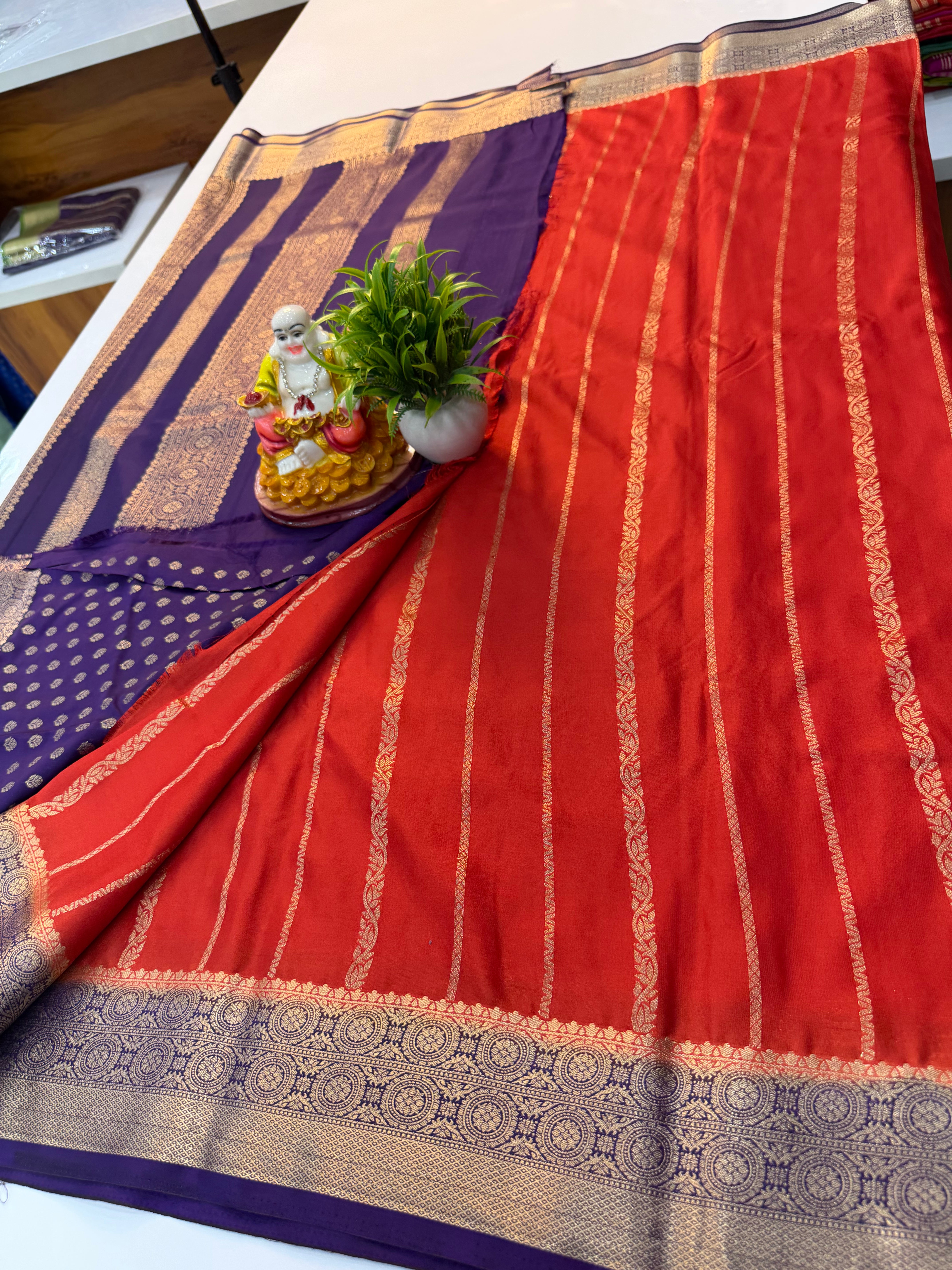 Premium Mysore Crepe Silk Saree with Elegant Stripes & Rich Pallu | Padmavathi Silks and Sarees