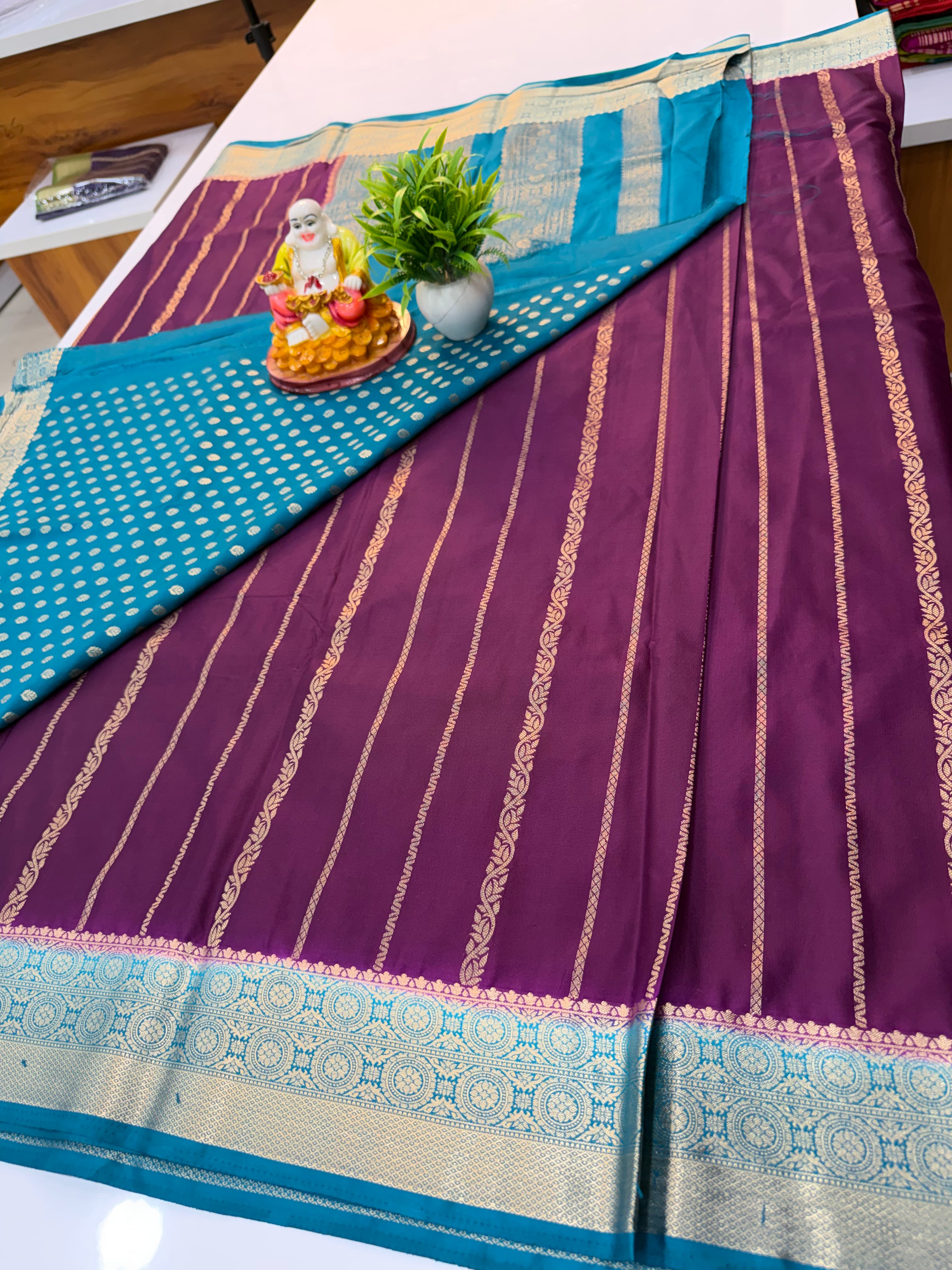 Premium Mysore Crepe Silk Saree with Elegant Stripes & Rich Pallu | Padmavathi Silks and Sarees