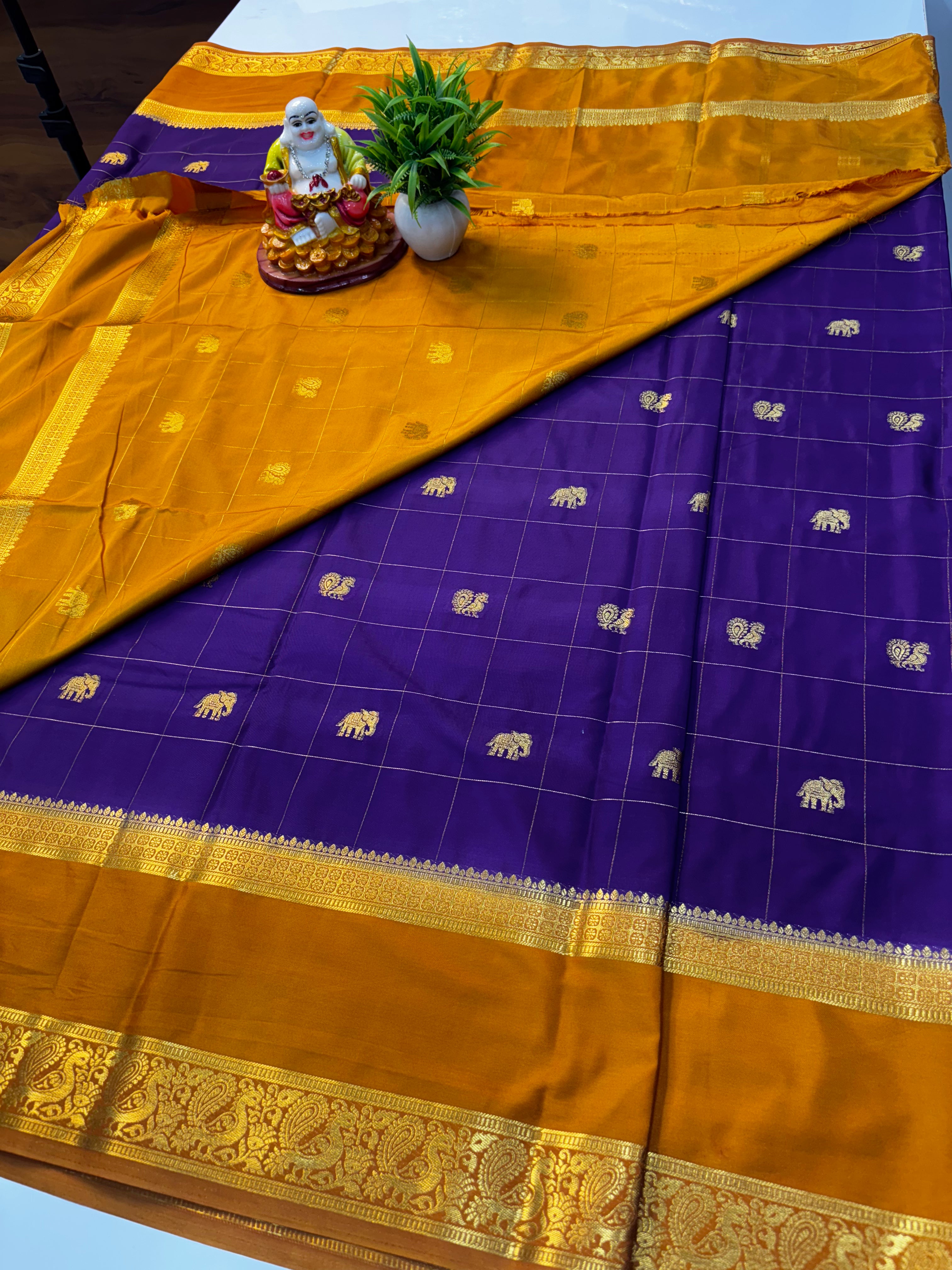 Premium Mysore Crepe Silk Saree with Elephant & Peacock Buttas By Padmavathi Silks and Sarees