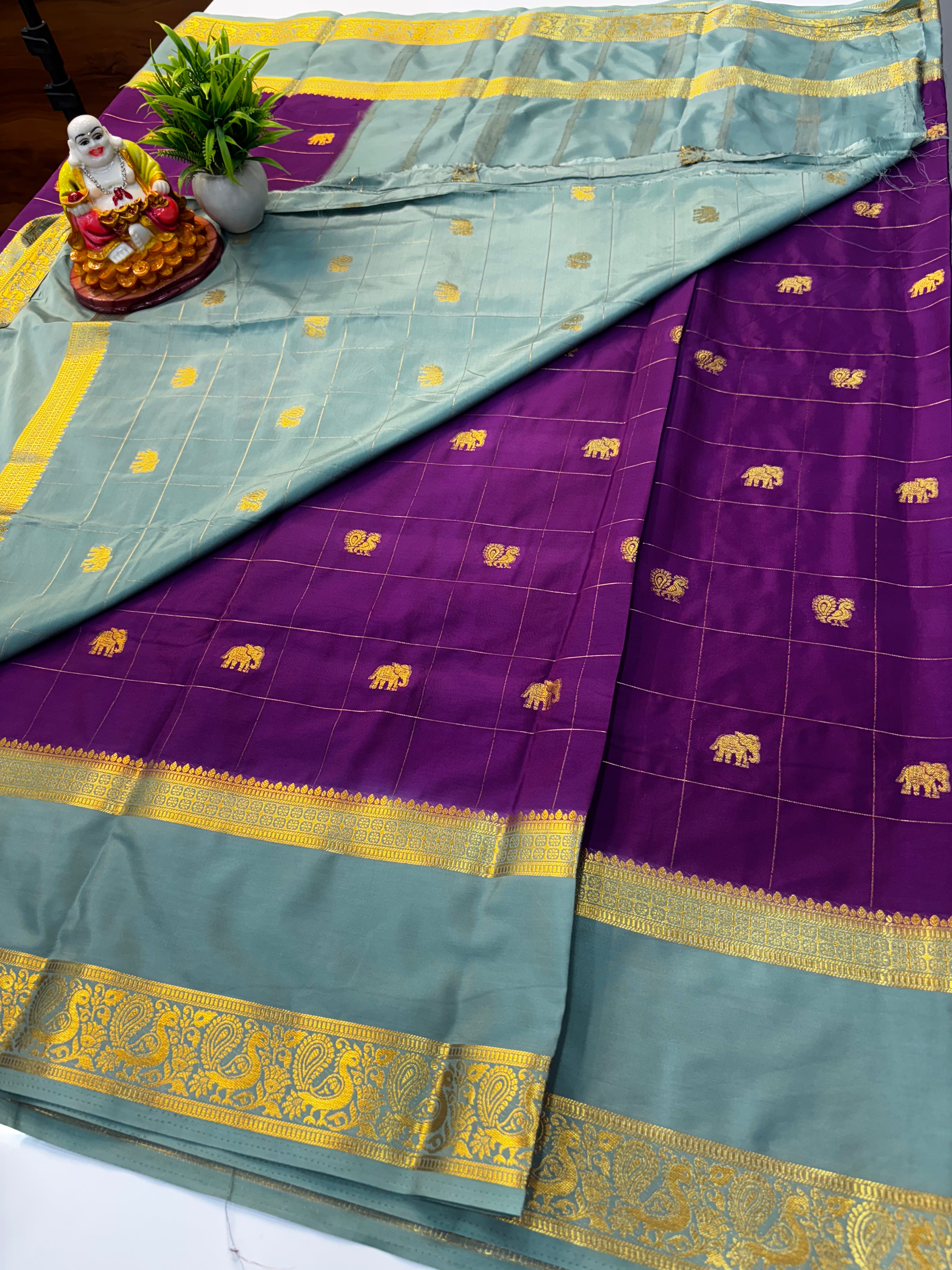 Premium Mysore Crepe Silk Saree with Elephant & Peacock Buttas By Padmavathi Silks and Sarees