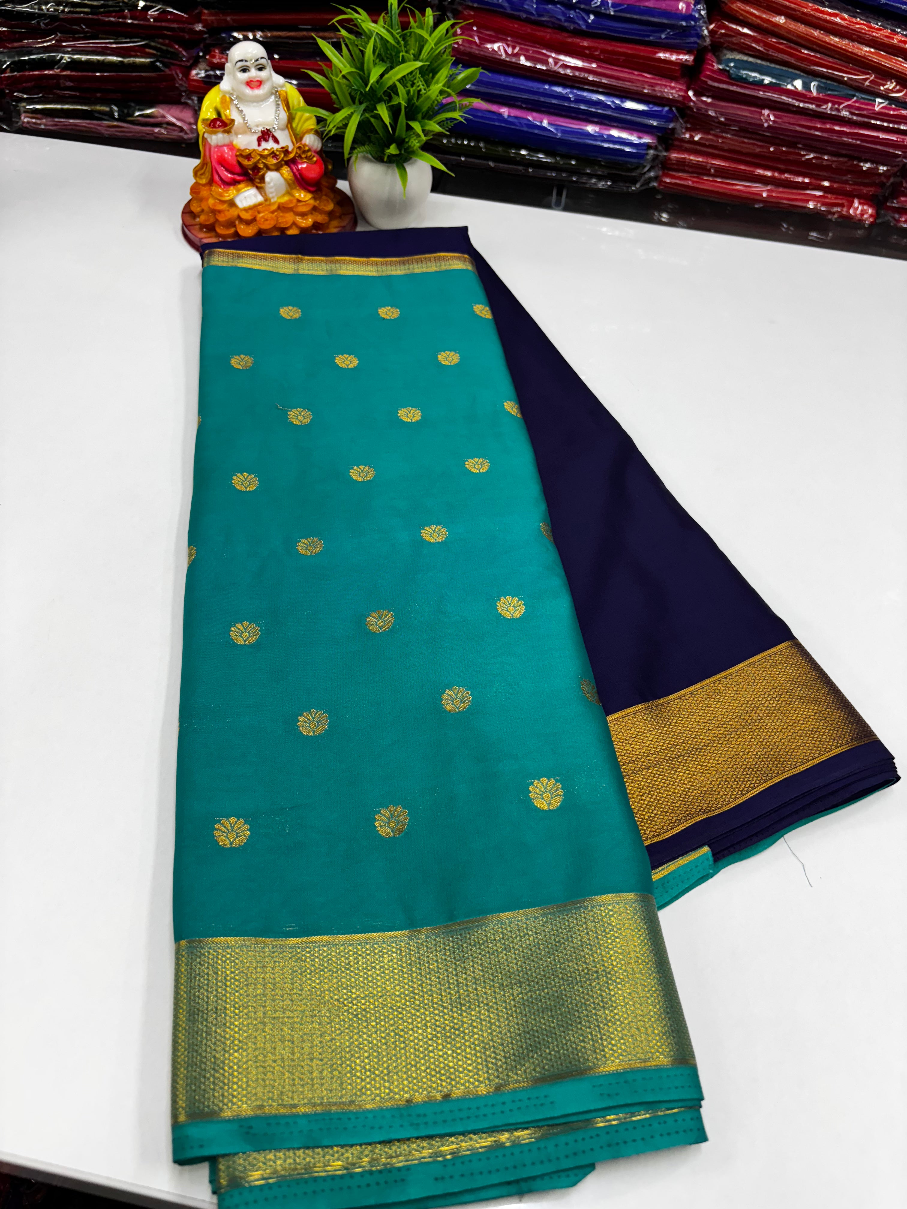 Mysore Crepe Silk Saree with Beautiful Half & Half Buttas