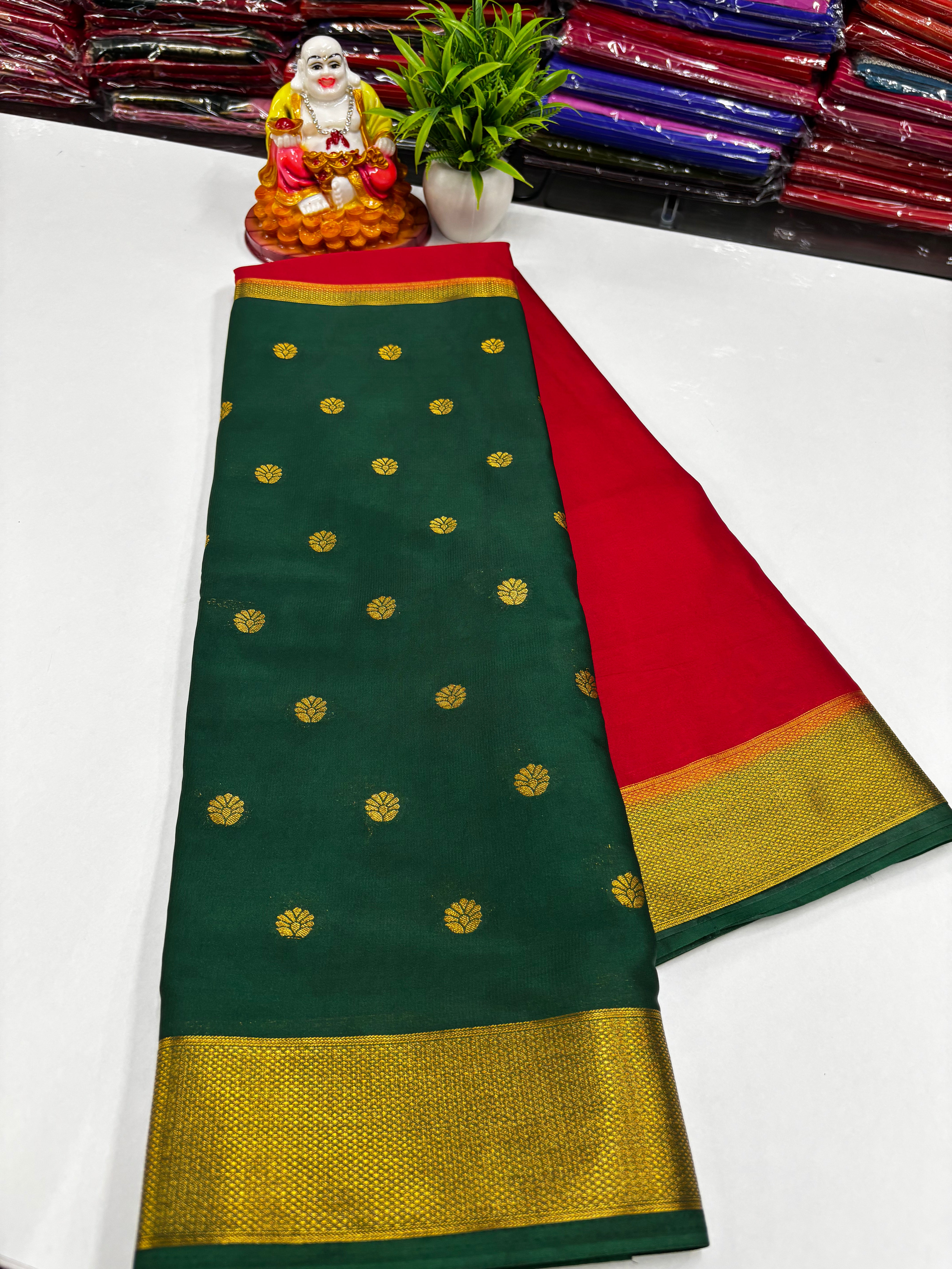 Mysore Crepe Silk Saree with Beautiful Half & Half Buttas