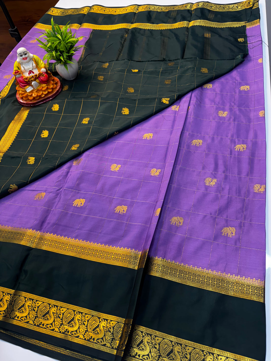 Premium Mysore Crepe Silk Saree with Elephant & Peacock Buttas By Padmavathi Silks and Sarees
