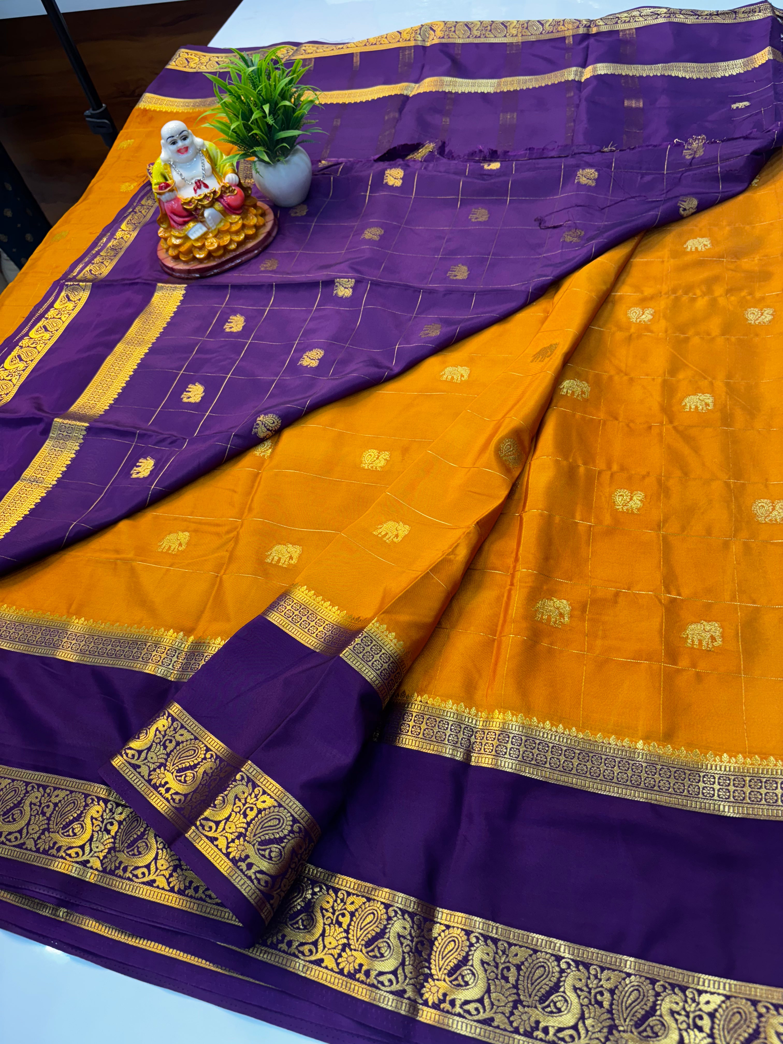 Premium Mysore Crepe Silk Saree with Elephant & Peacock Buttas By Padmavathi Silks and Sarees