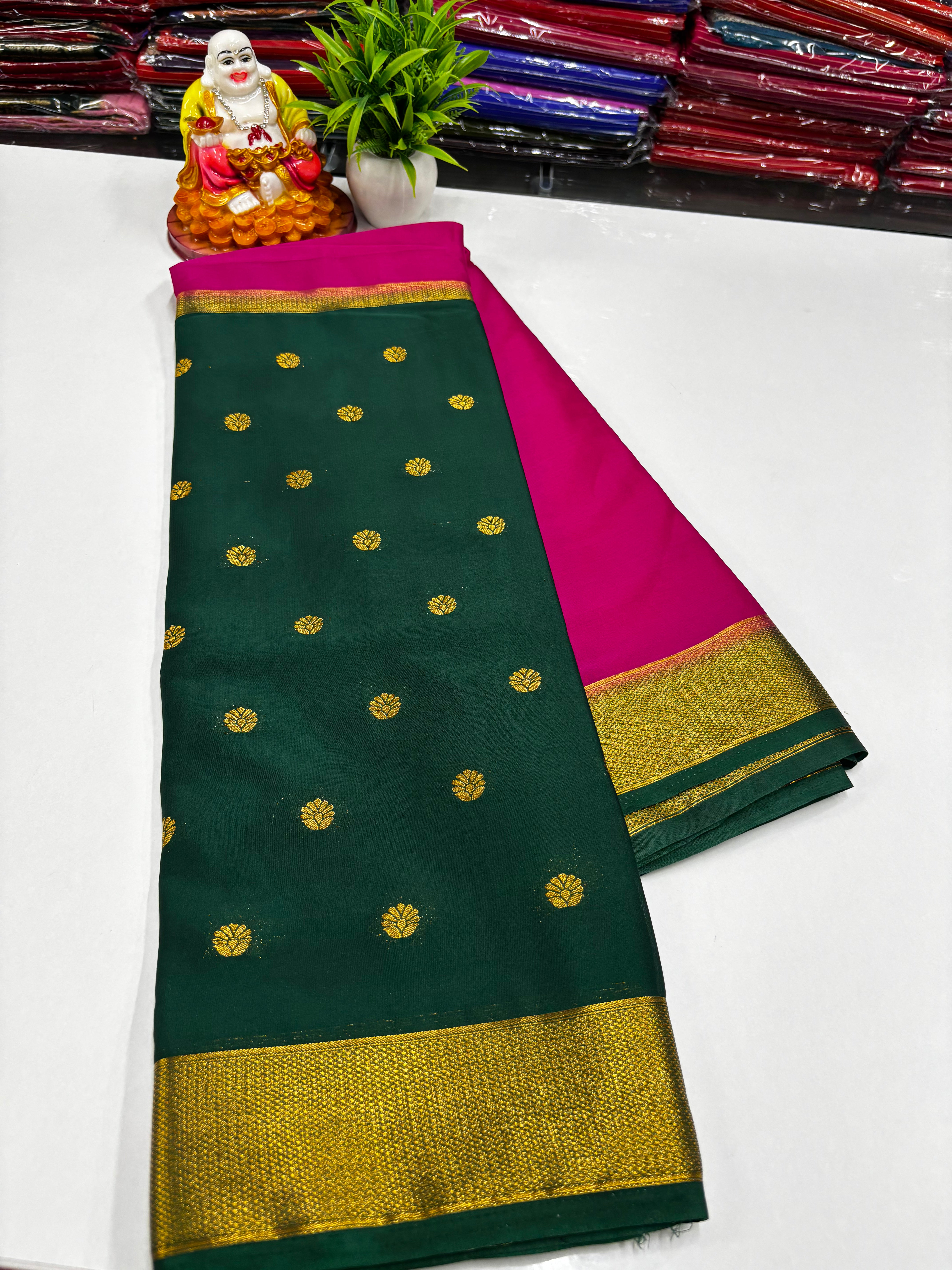 Mysore Crepe Silk Saree with Beautiful Half & Half Buttas