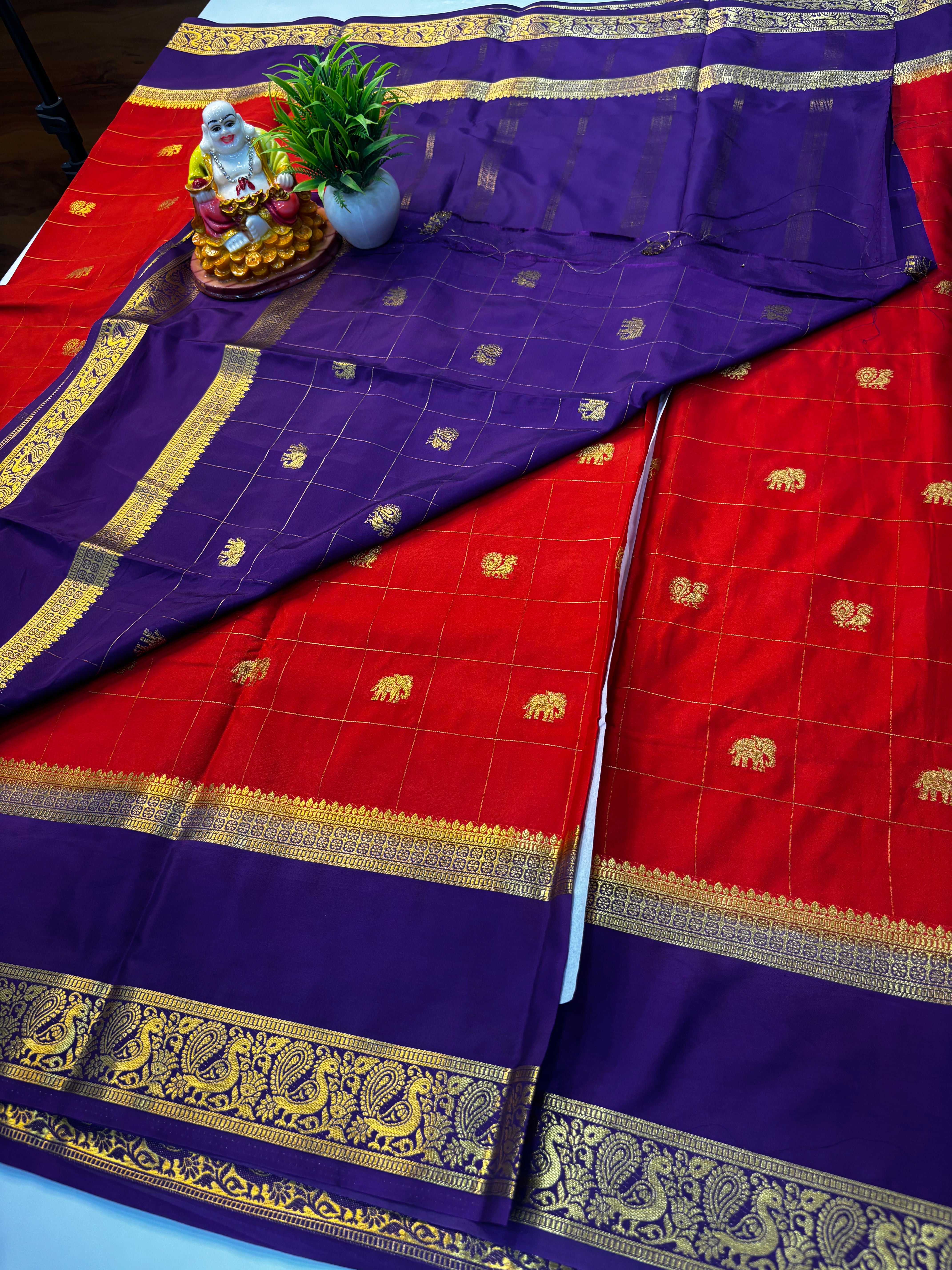 Premium Mysore Crepe Silk Saree with Elephant & Peacock Buttas By Padmavathi Silks and Sarees