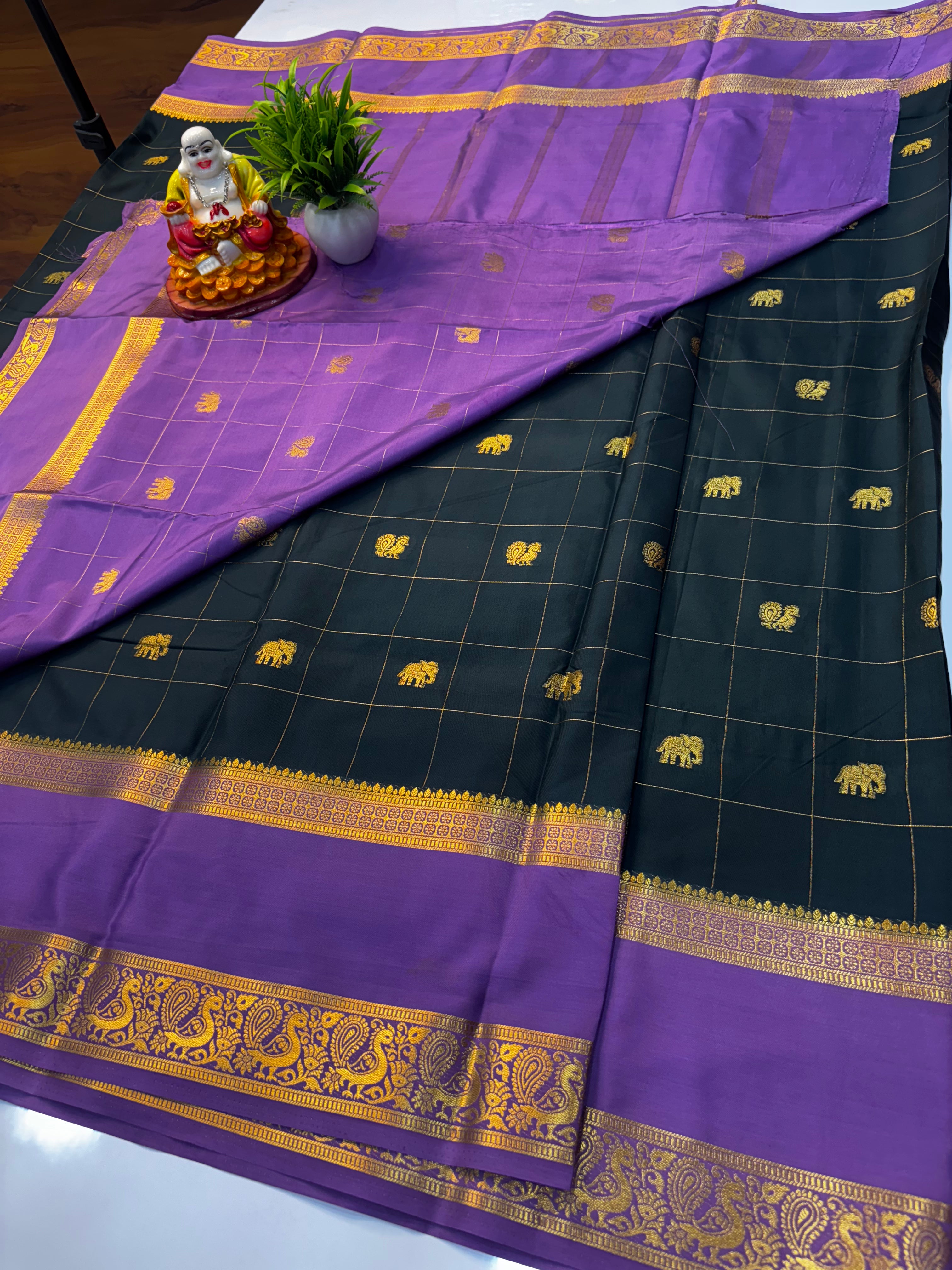 Premium Mysore Crepe Silk Saree with Elephant & Peacock Buttas By Padmavathi Silks and Sarees
