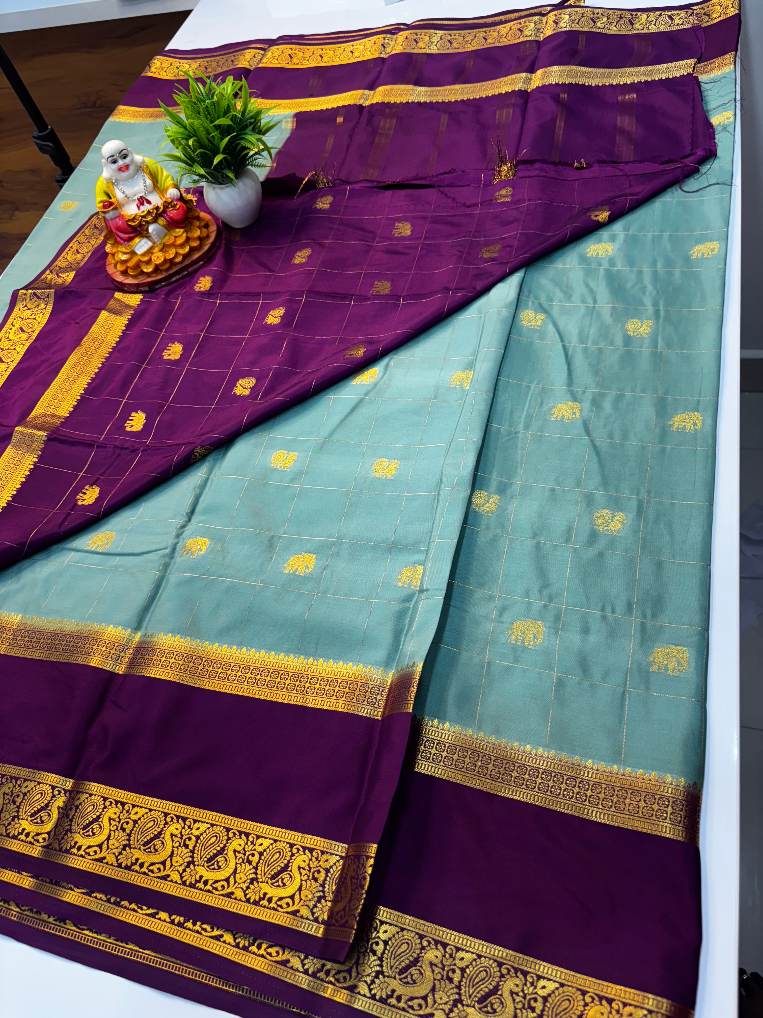 Premium Mysore Crepe Silk Saree with Elephant & Peacock Buttas By Padmavathi Silks and Sarees