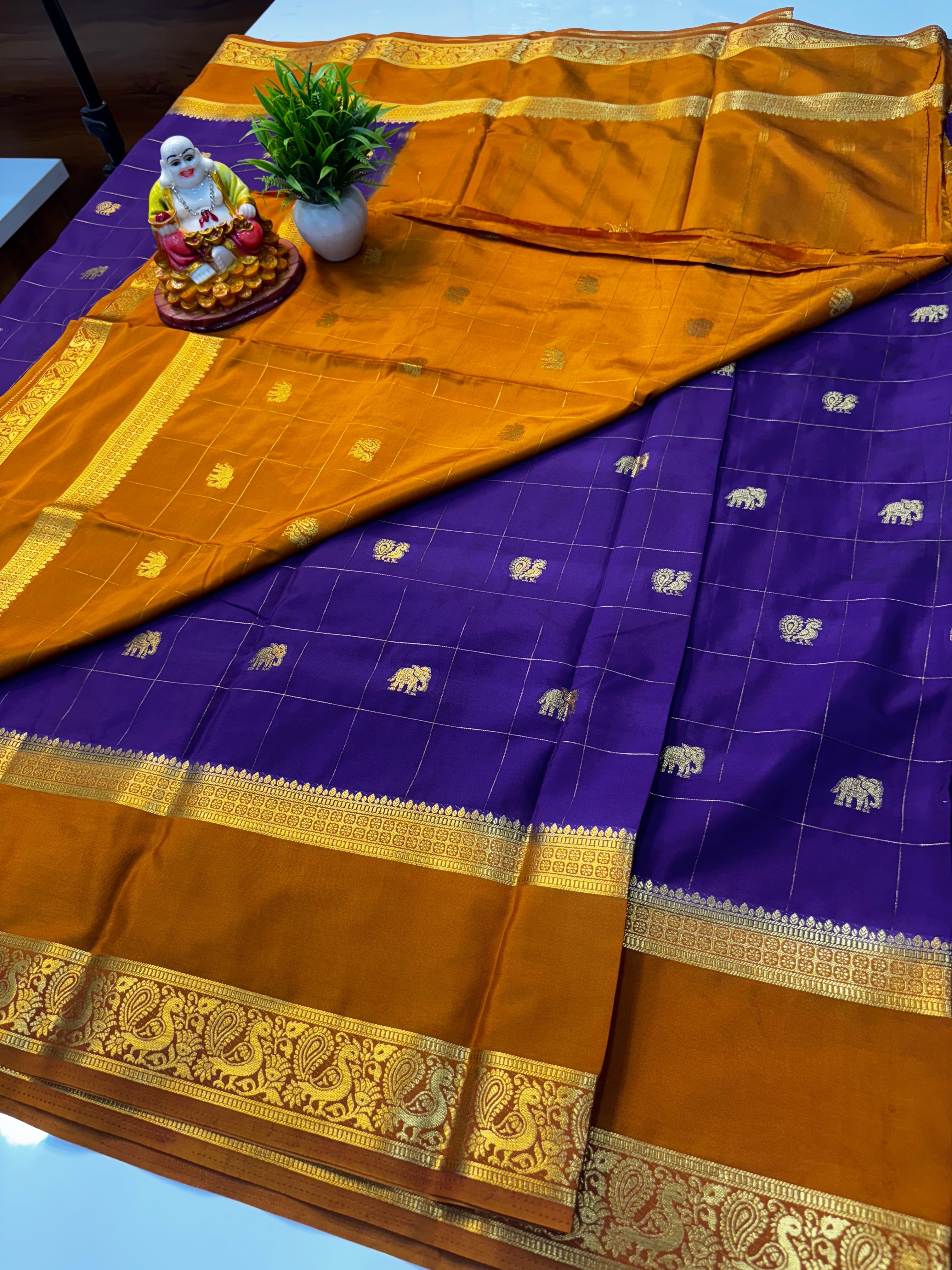 Premium Mysore Crepe Silk Saree with Elephant & Peacock Buttas By Padmavathi Silks and Sarees