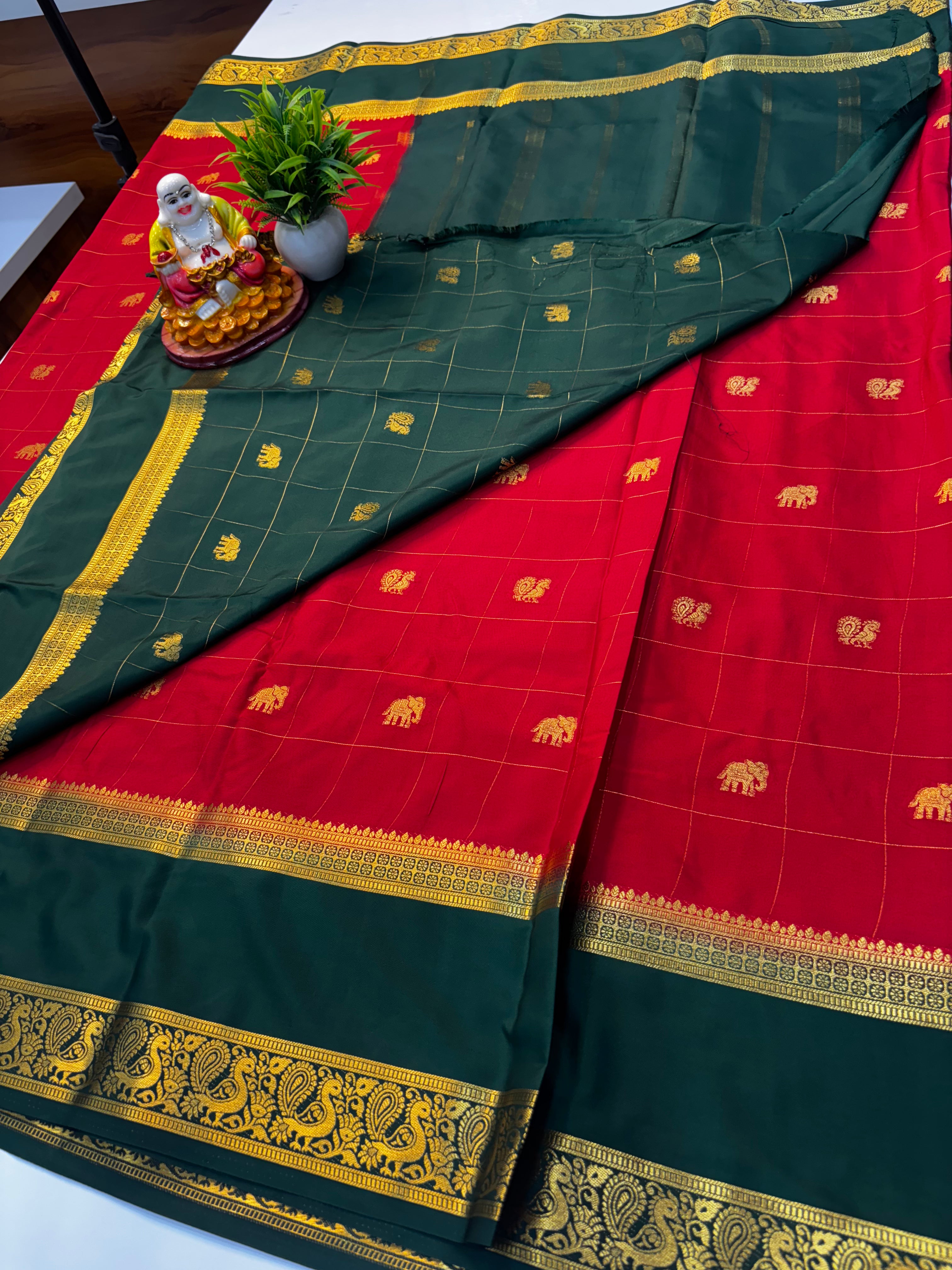 Premium Mysore Crepe Silk Saree with Elephant & Peacock Buttas By Padmavathi Silks and Sarees