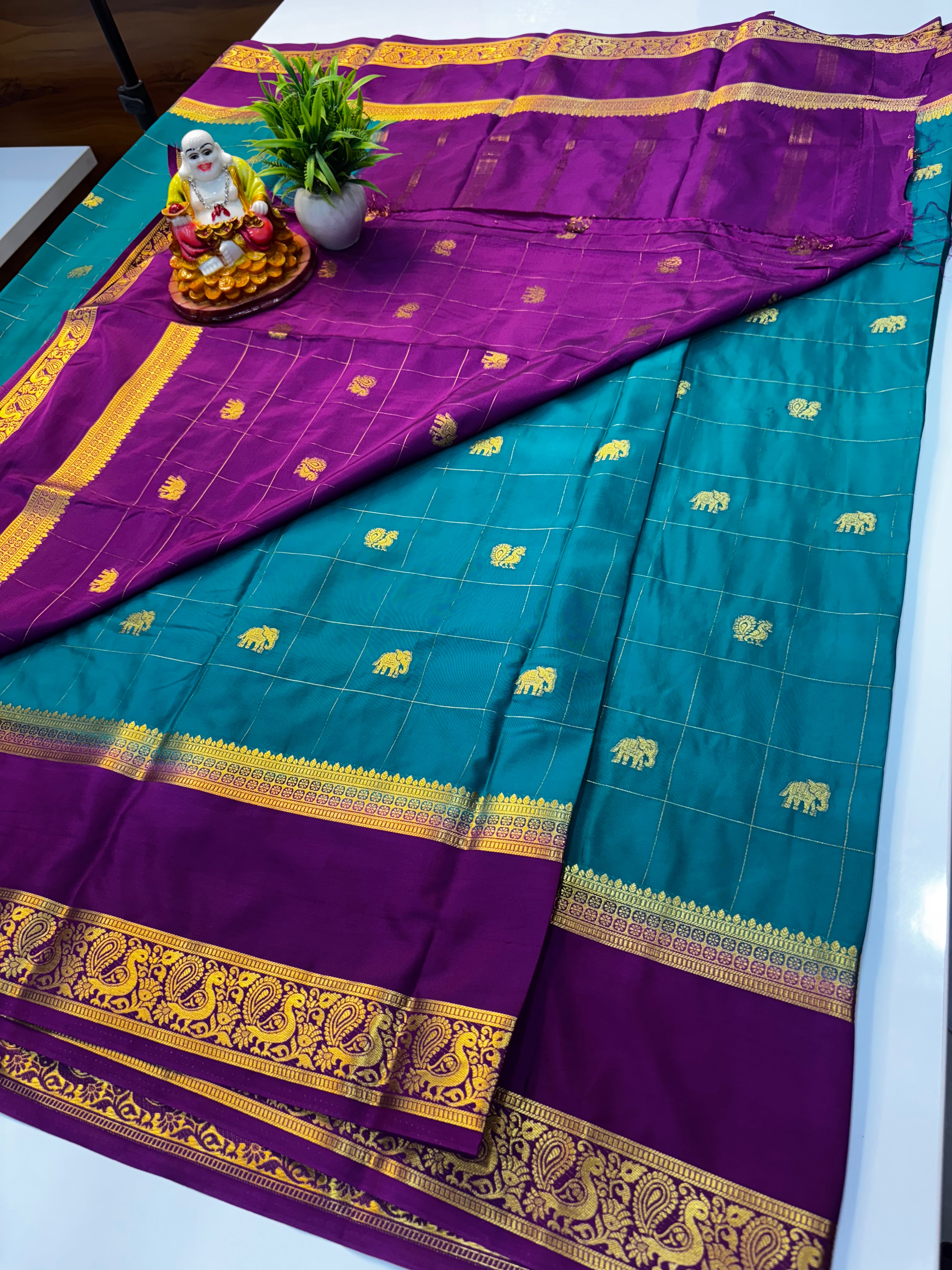 Premium Mysore Crepe Silk Saree with Elephant & Peacock Buttas By Padmavathi Silks and Sarees