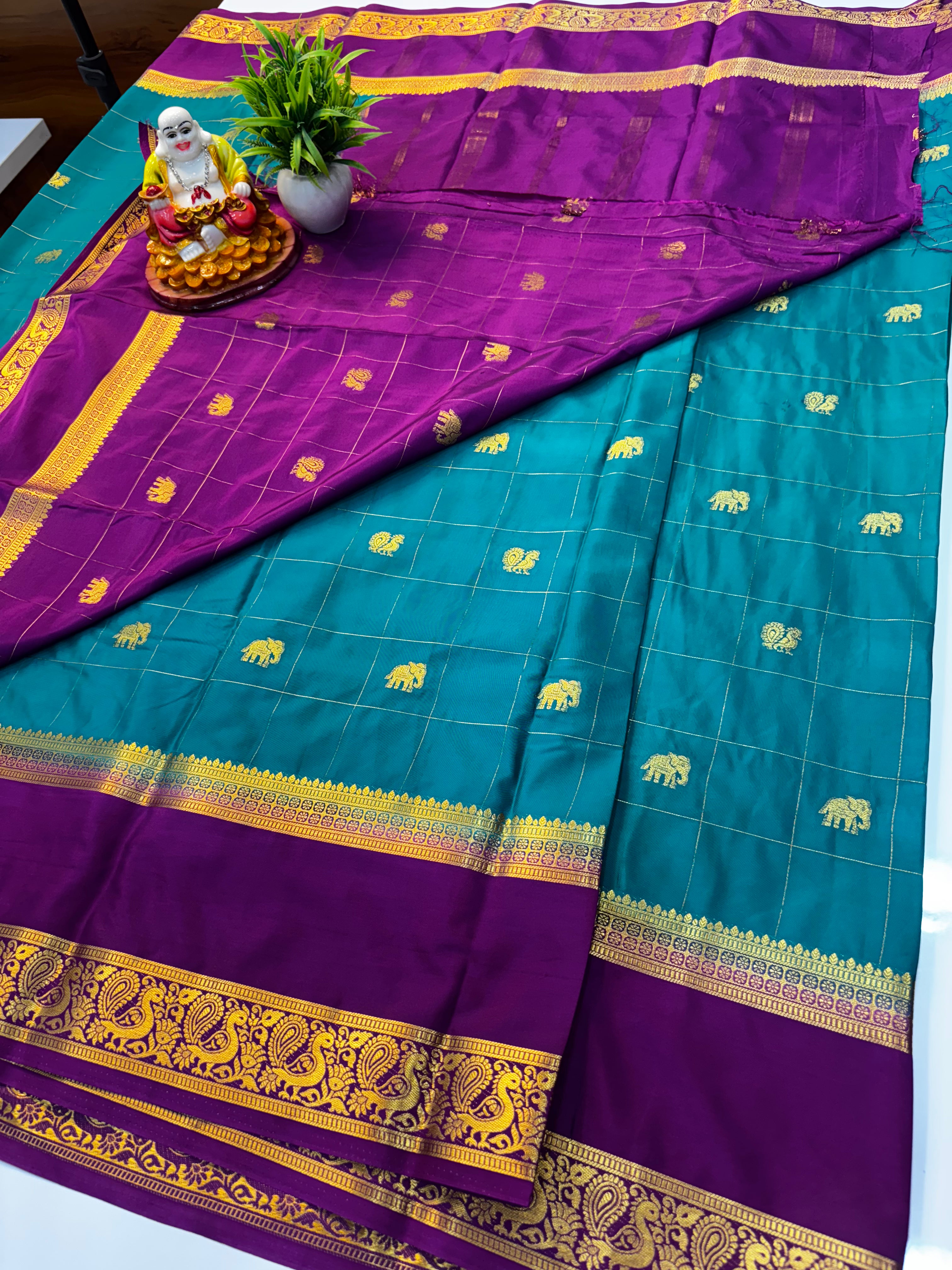Premium Mysore Crepe Silk Saree with Elephant & Peacock Buttas By Padmavathi Silks and Sarees