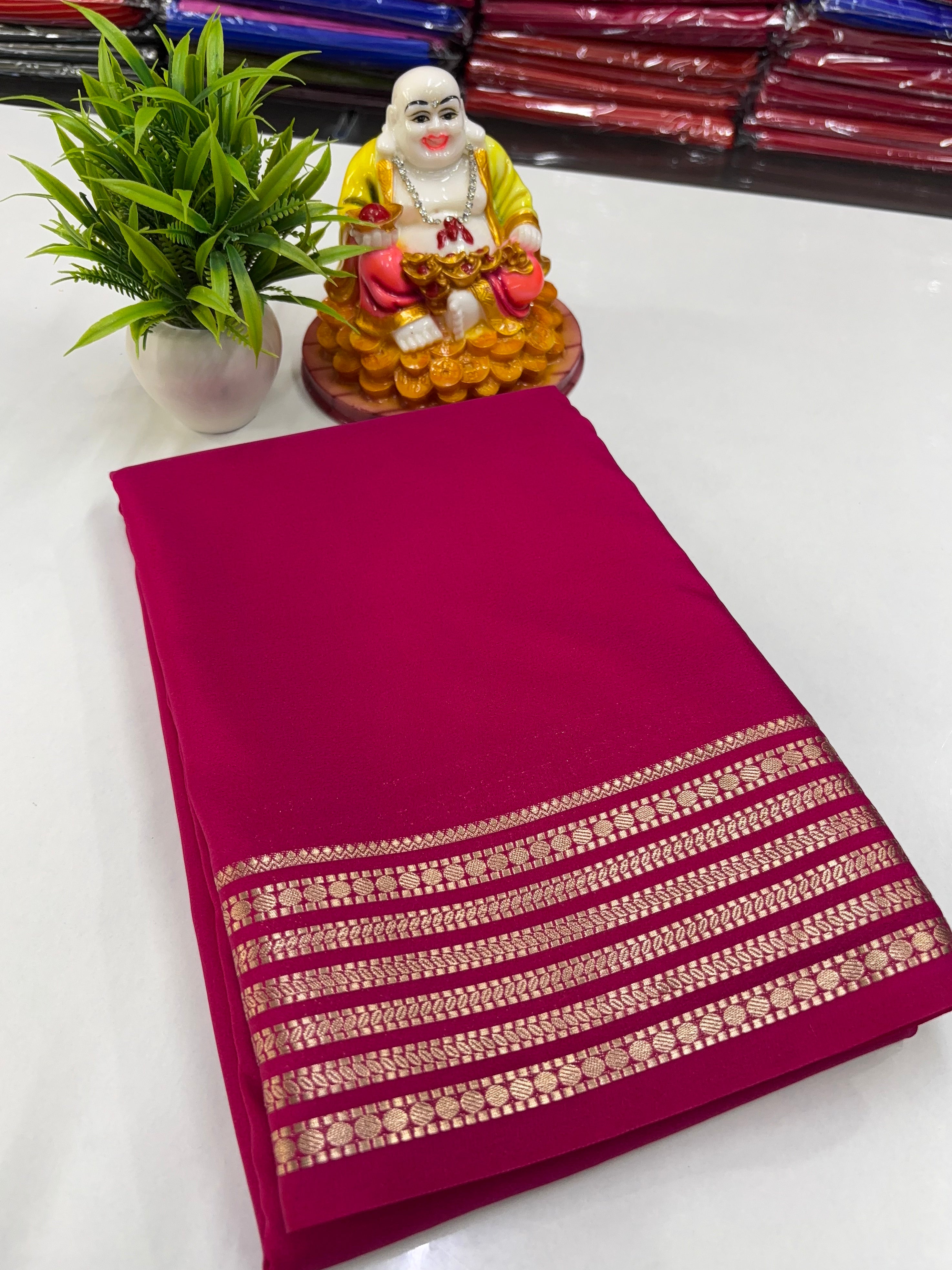 Mysore Crepe Silk Saree with Beautiful Border, Rich Pallu & Self Blouse