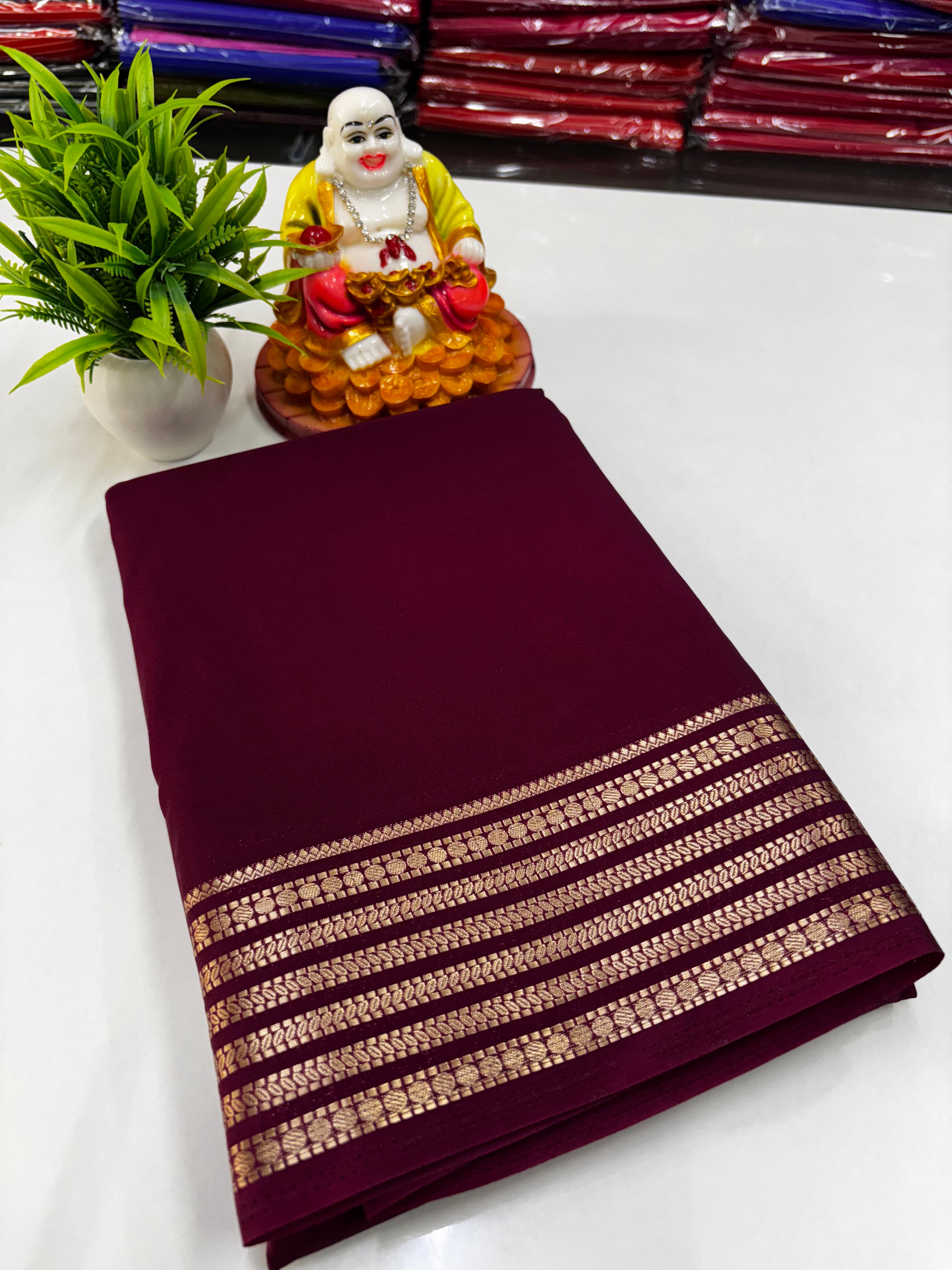 Mysore Crepe Silk Saree with Beautiful Border, Rich Pallu & Self Blouse