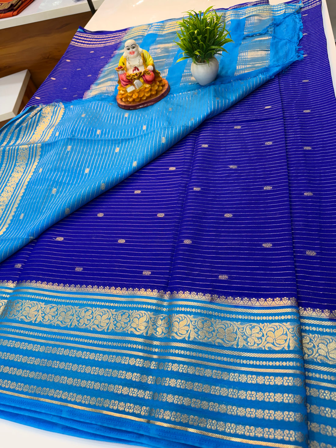 Mysore Crepe Silk Saree with Butta | Contrast Pallu & Blouse