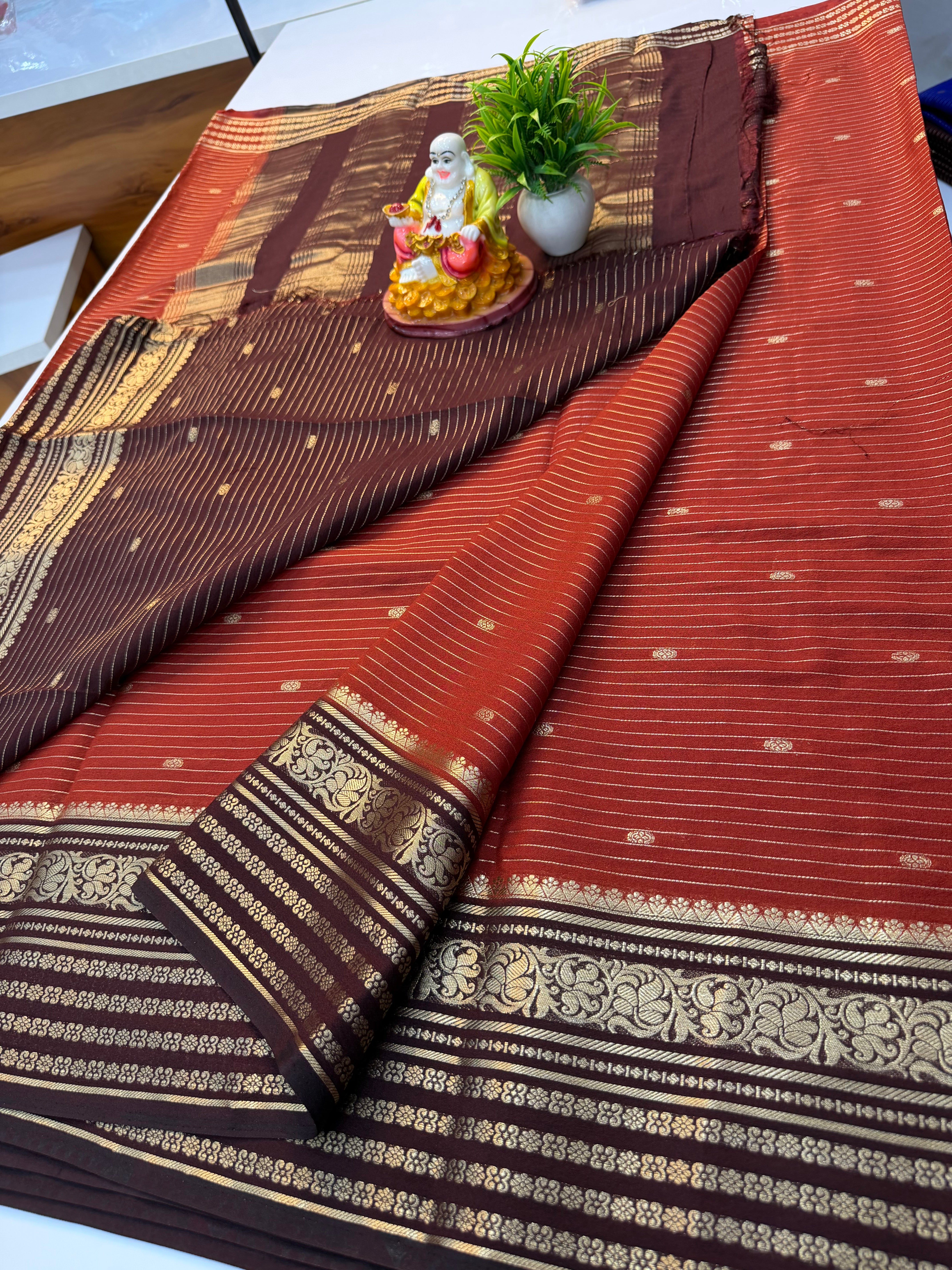 Mysore Crepe Silk Saree with Butta | Contrast Pallu & Blouse
