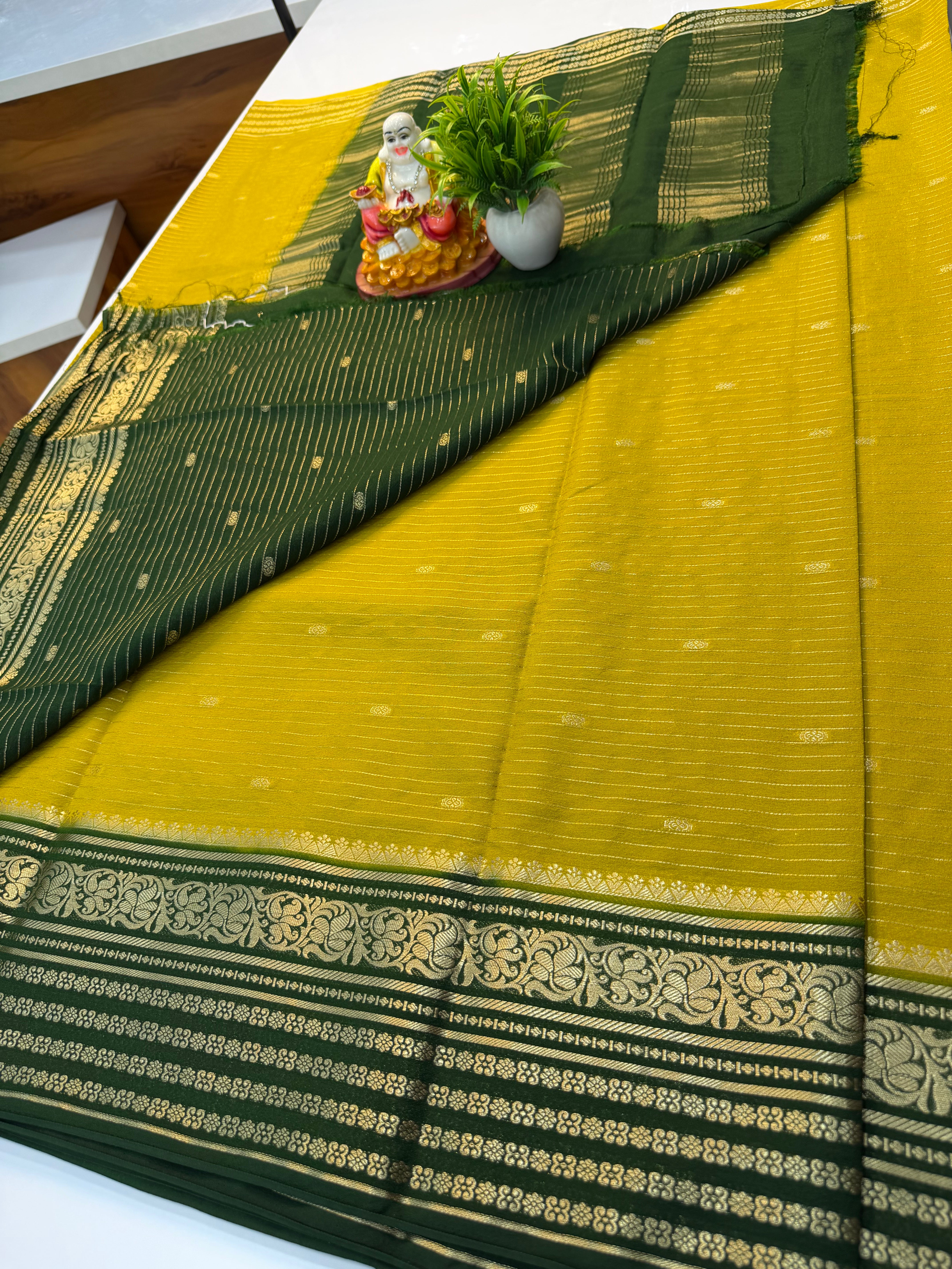 Mysore Crepe Silk Saree with Butta | Contrast Pallu & Blouse