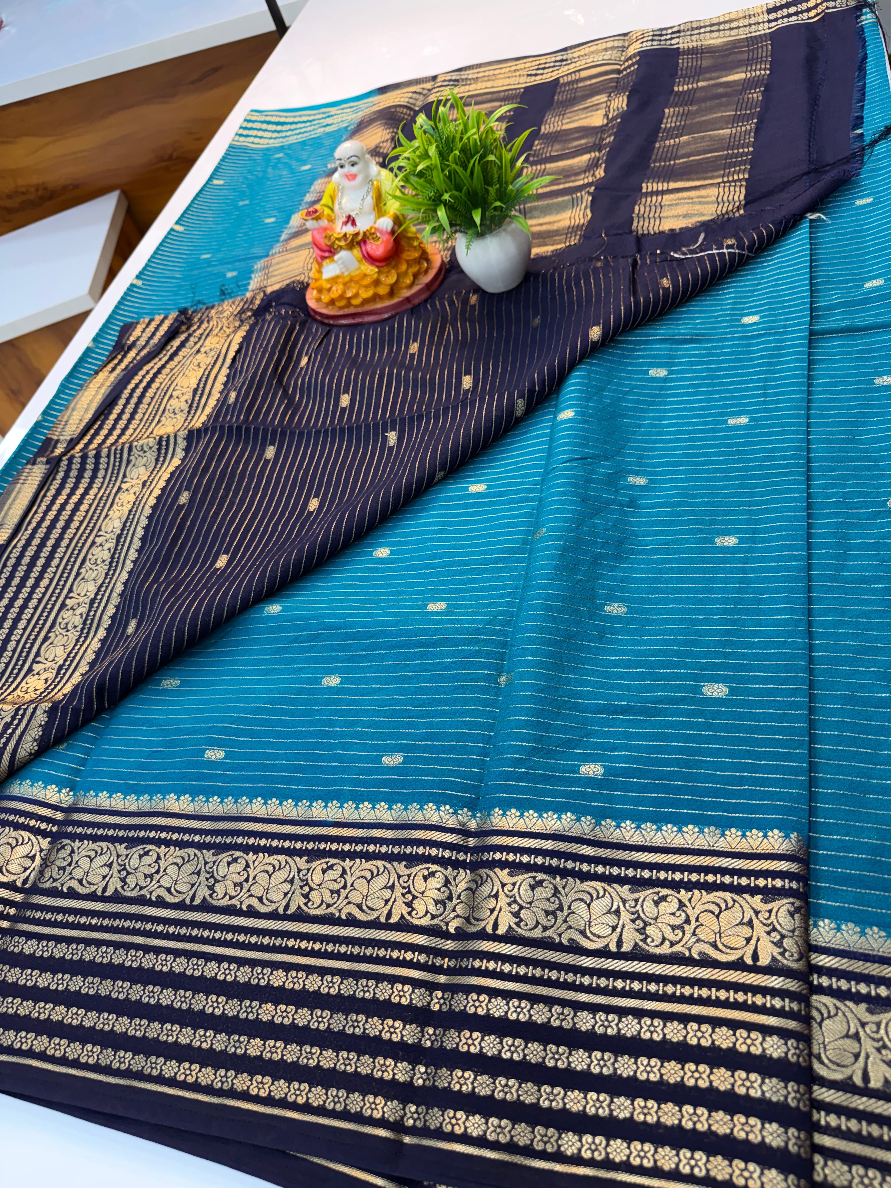Mysore Crepe Silk Saree with Butta | Contrast Pallu & Blouse