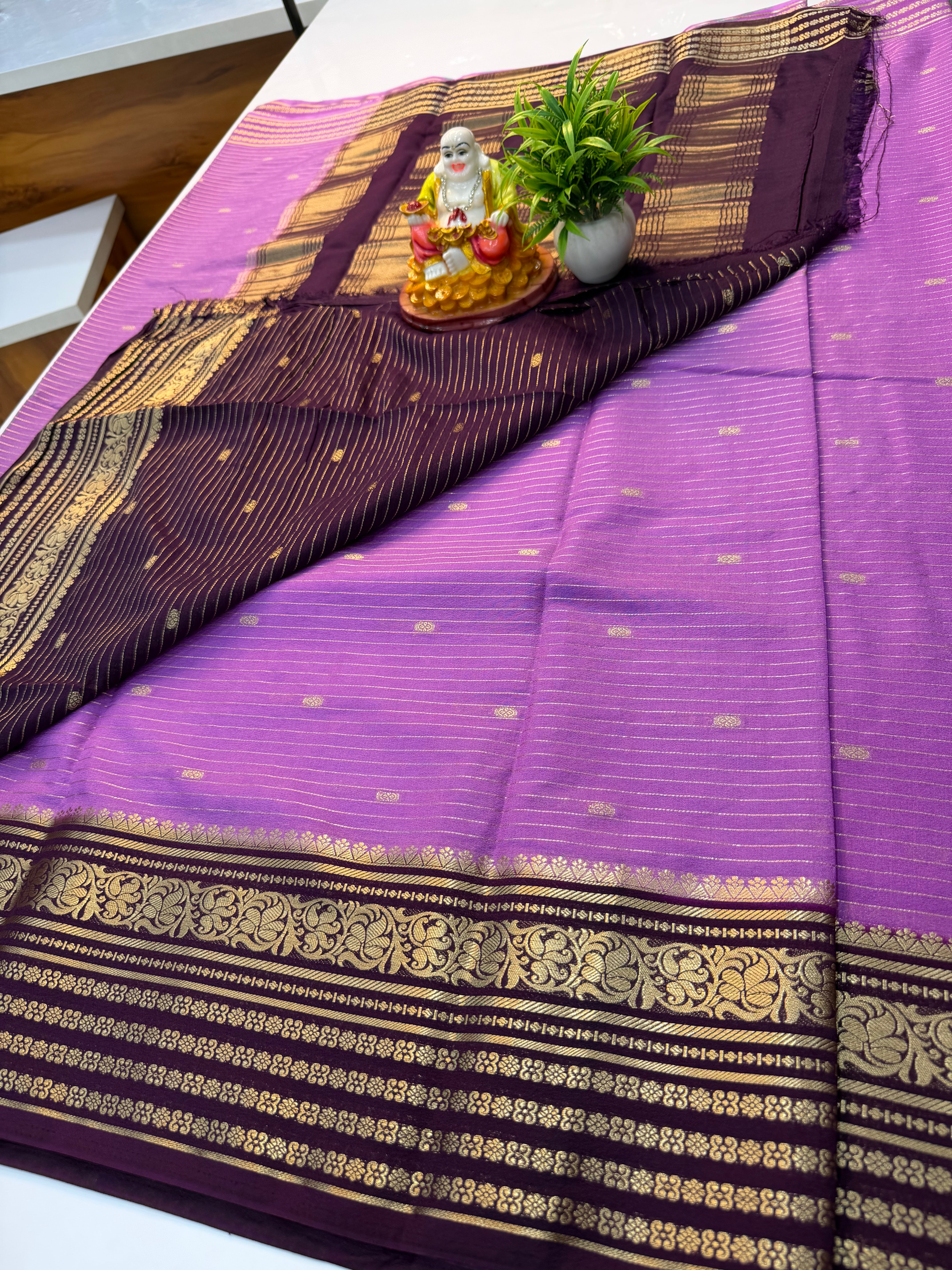 Mysore Crepe Silk Saree with Butta | Contrast Pallu & Blouse