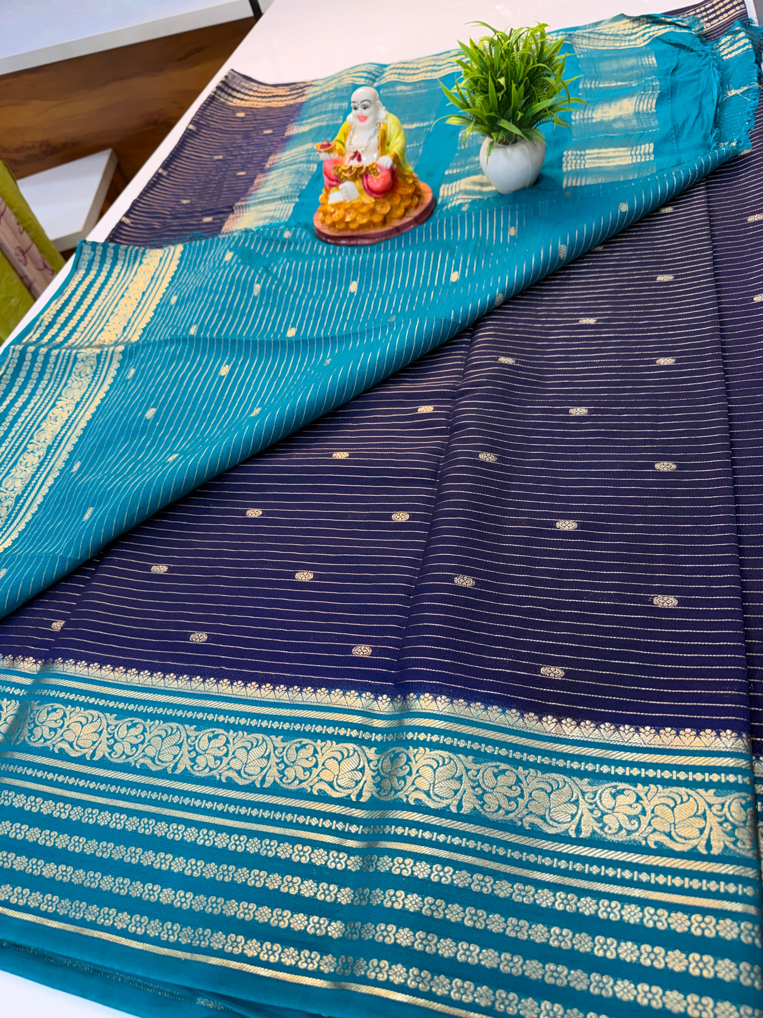 Mysore Crepe Silk Saree with Butta | Contrast Pallu & Blouse