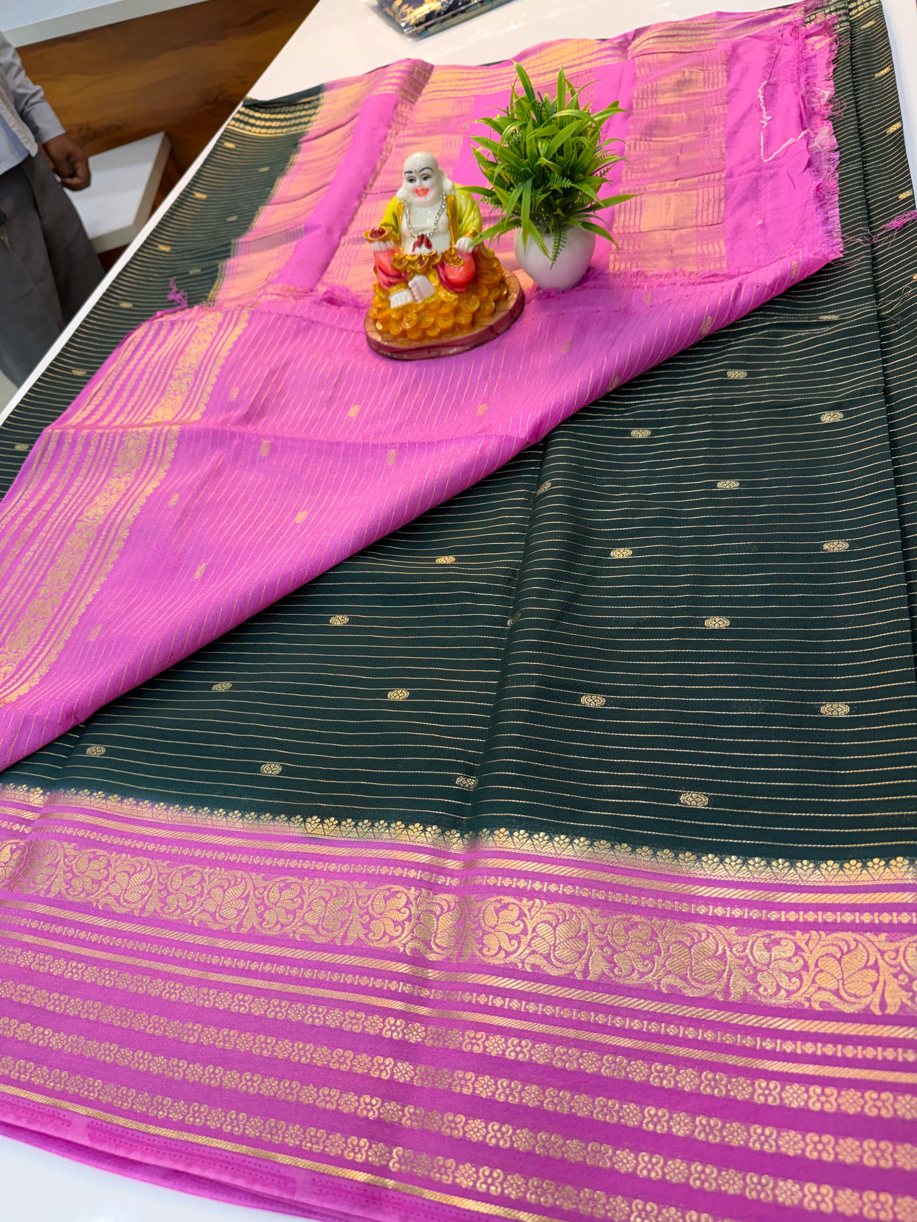Mysore Crepe Silk Saree with Butta | Contrast Pallu & Blouse