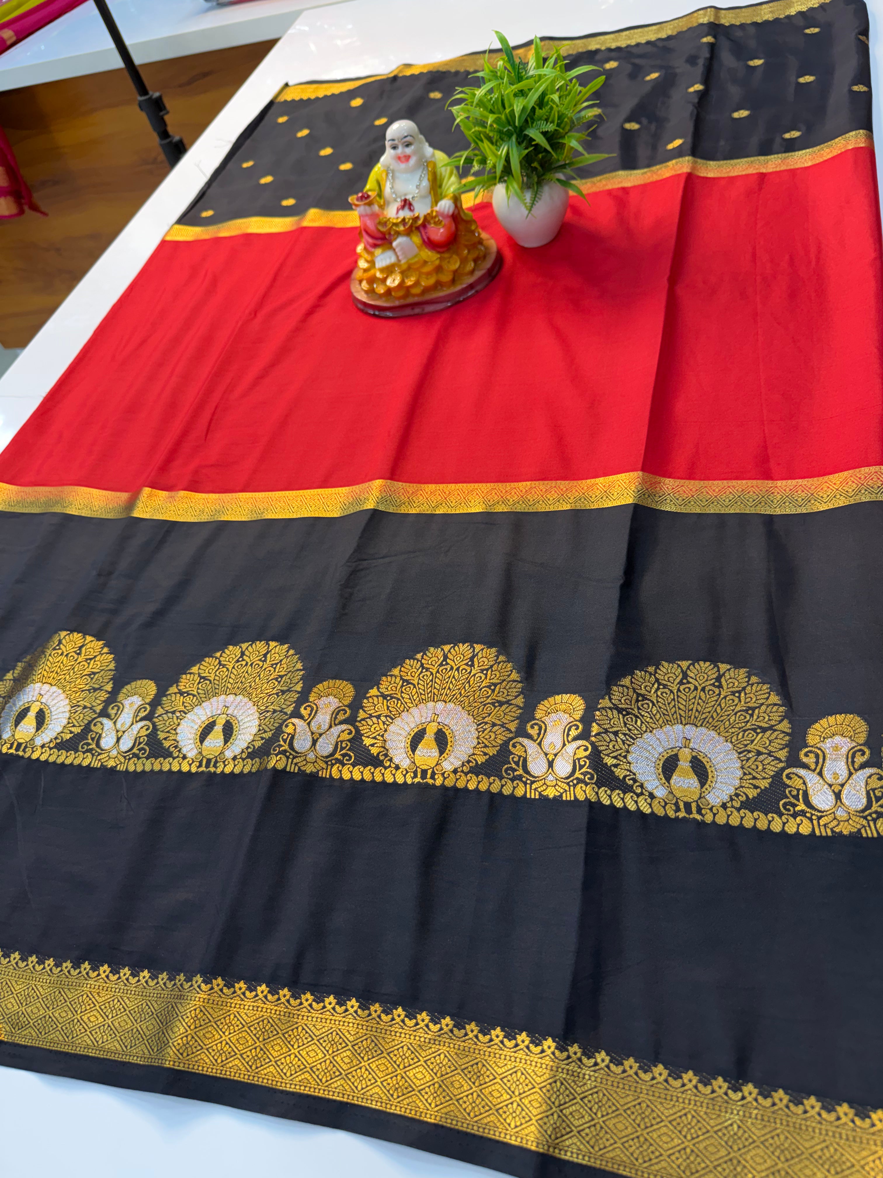 Premium Mysore Crepe Silk Saree with Peacock Design, Buttas & Contrast Pallu | Padmavathi Silks and Sarees