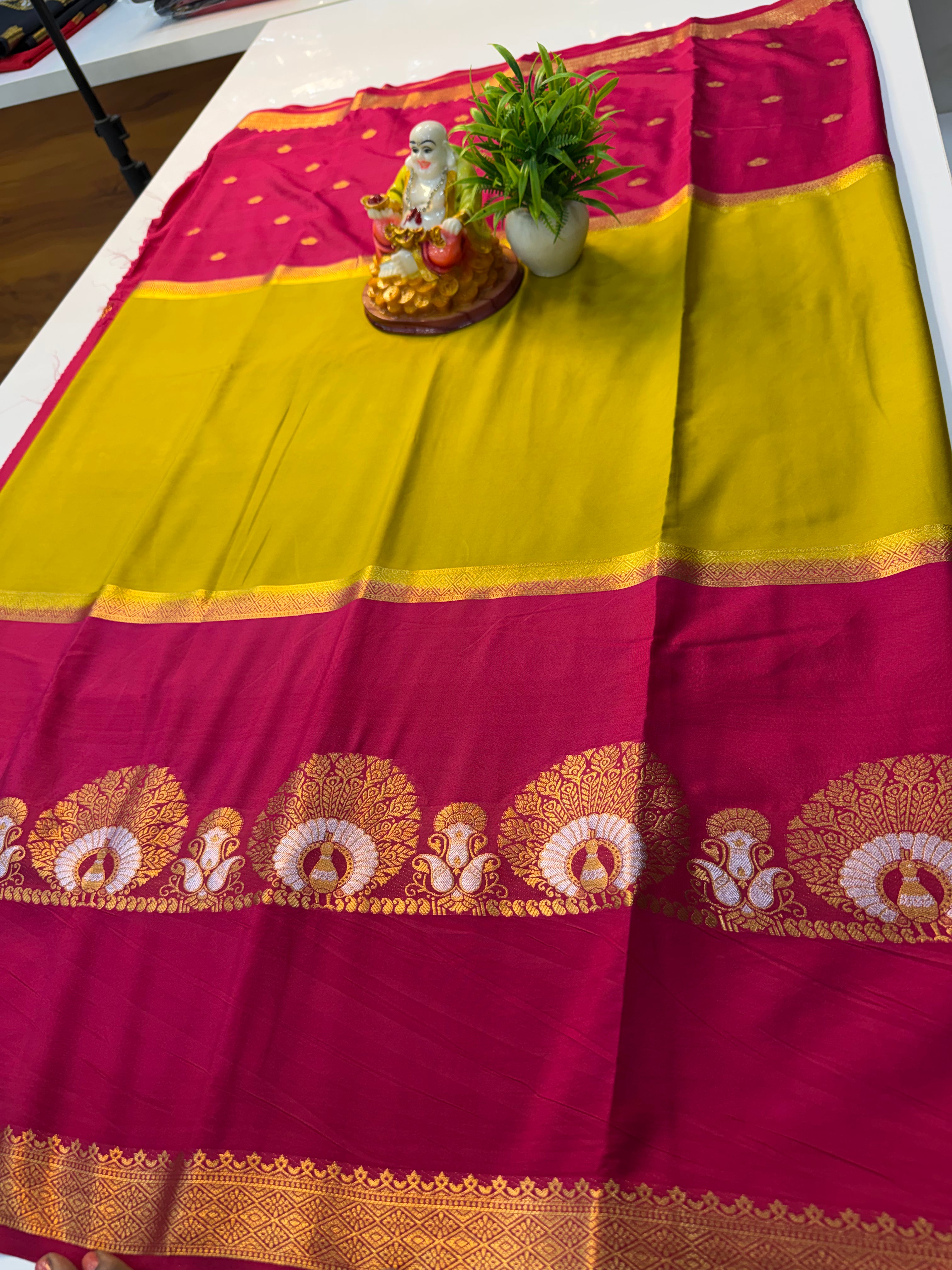 Premium Mysore Crepe Silk Saree with Peacock Design, Buttas & Contrast Pallu | Padmavathi Silks and Sarees