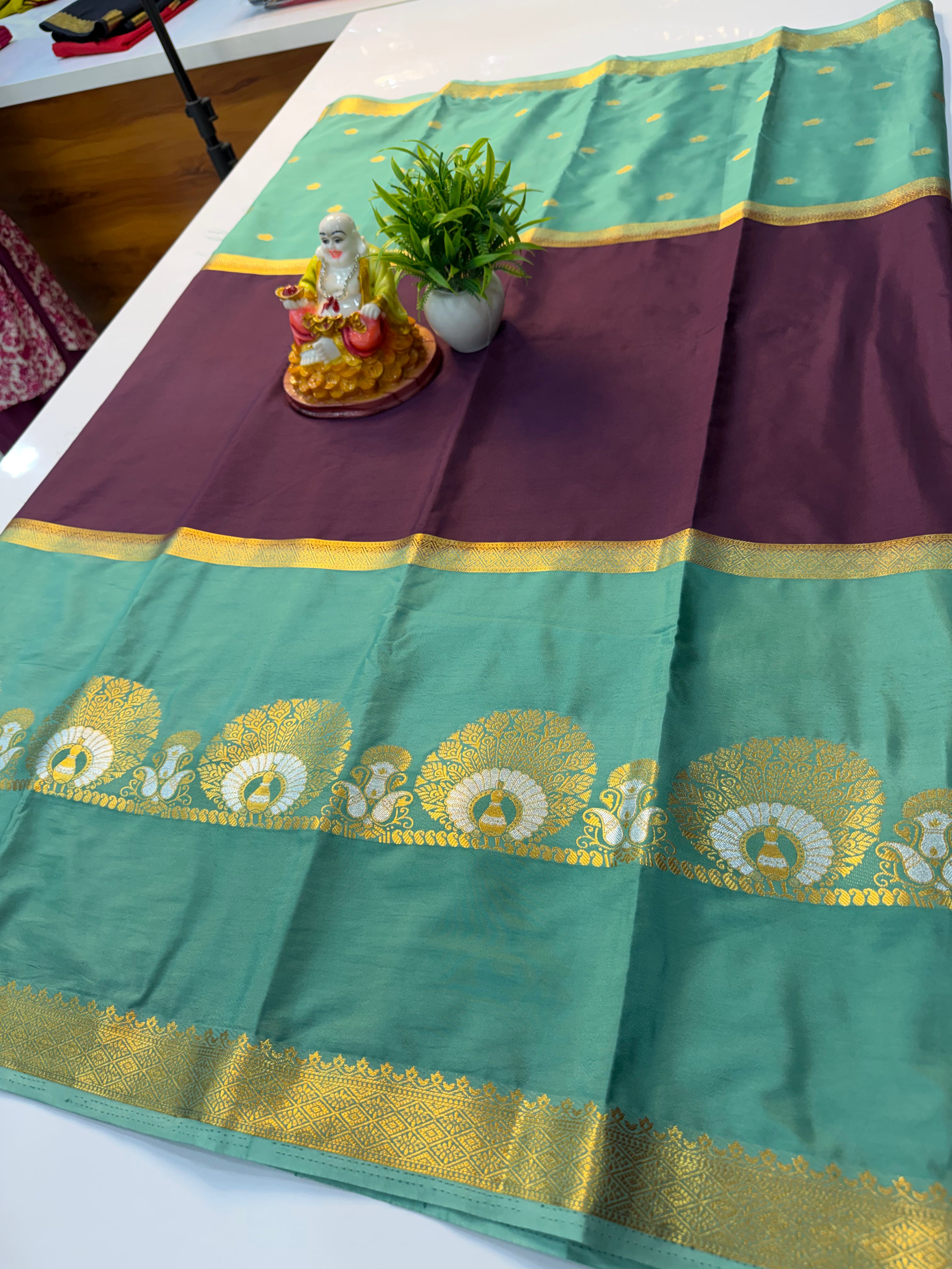 Premium Mysore Crepe Silk Saree with Peacock Design, Buttas & Contrast Pallu | Padmavathi Silks and Sarees