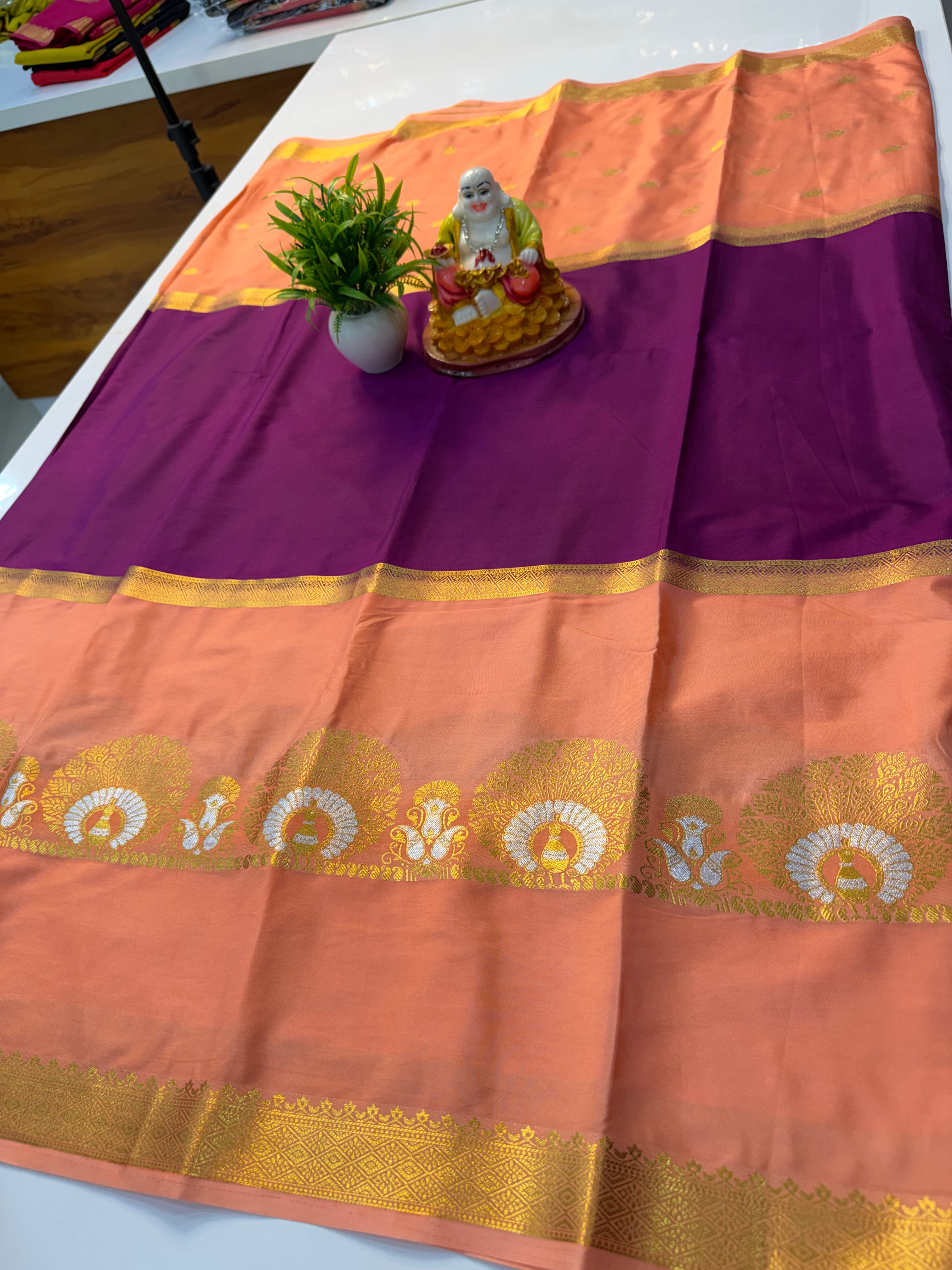 Premium Mysore Crepe Silk Saree with Peacock Design, Buttas & Contrast Pallu | Padmavathi Silks and Sarees