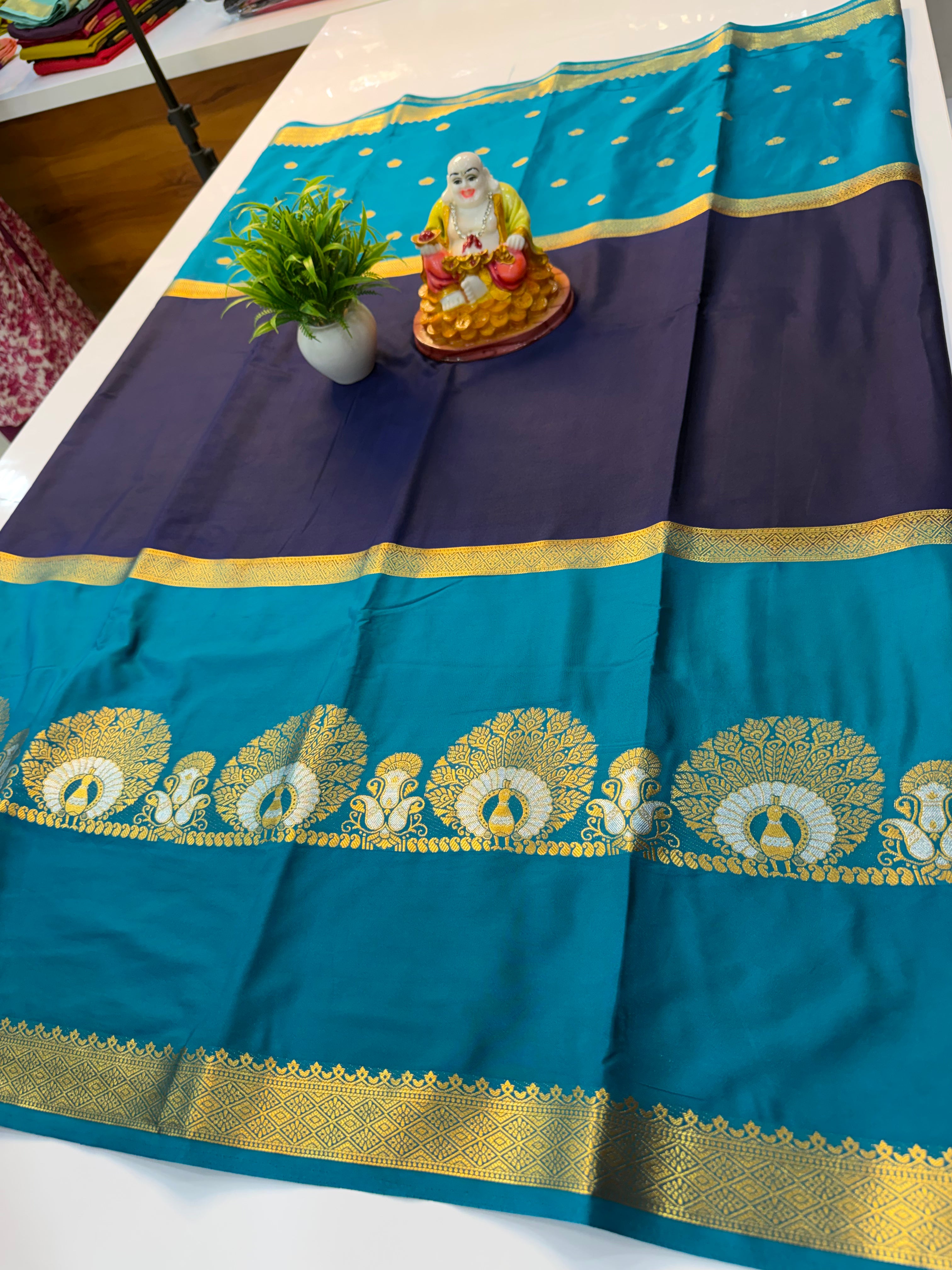 Premium Mysore Crepe Silk Saree with Peacock Design, Buttas & Contrast Pallu | Padmavathi Silks and Sarees