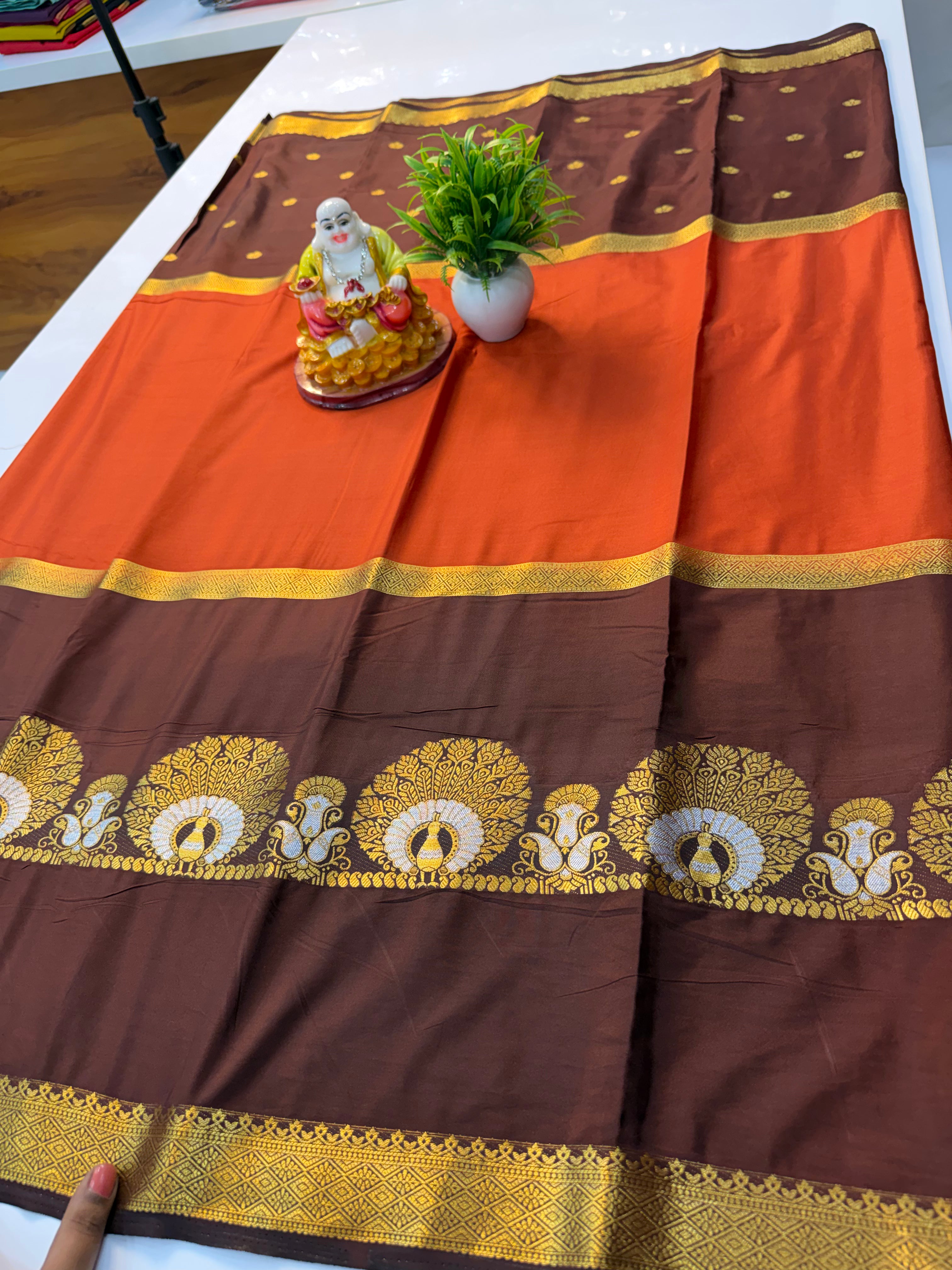 Premium Mysore Crepe Silk Saree with Peacock Design, Buttas & Contrast Pallu | Padmavathi Silks and Sarees