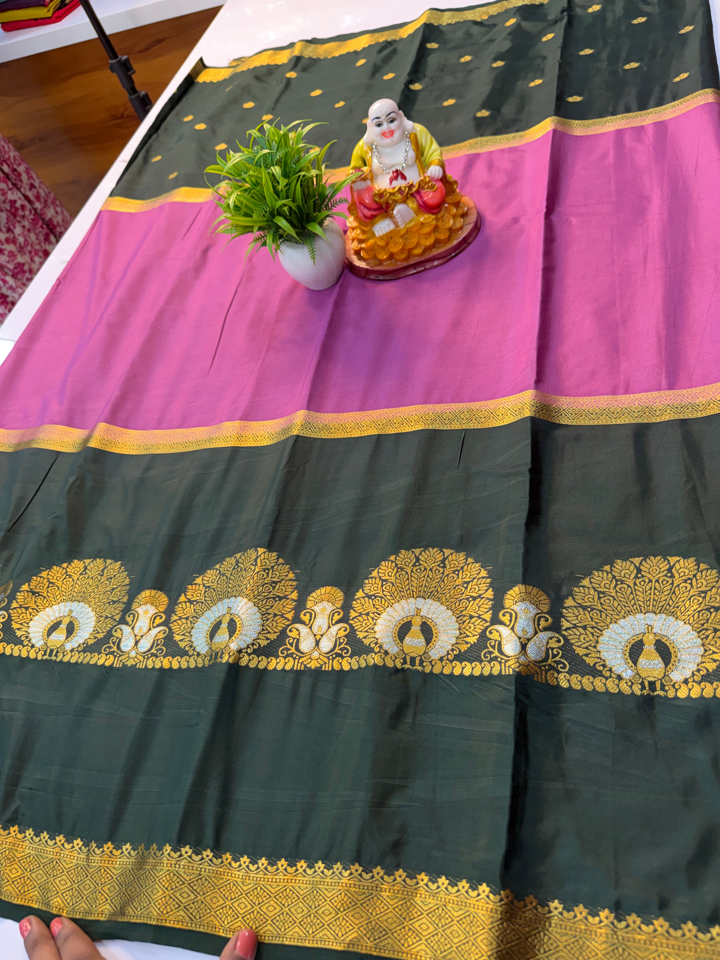 Premium Mysore Crepe Silk Saree with Peacock Design, Buttas & Contrast Pallu | Padmavathi Silks and Sarees