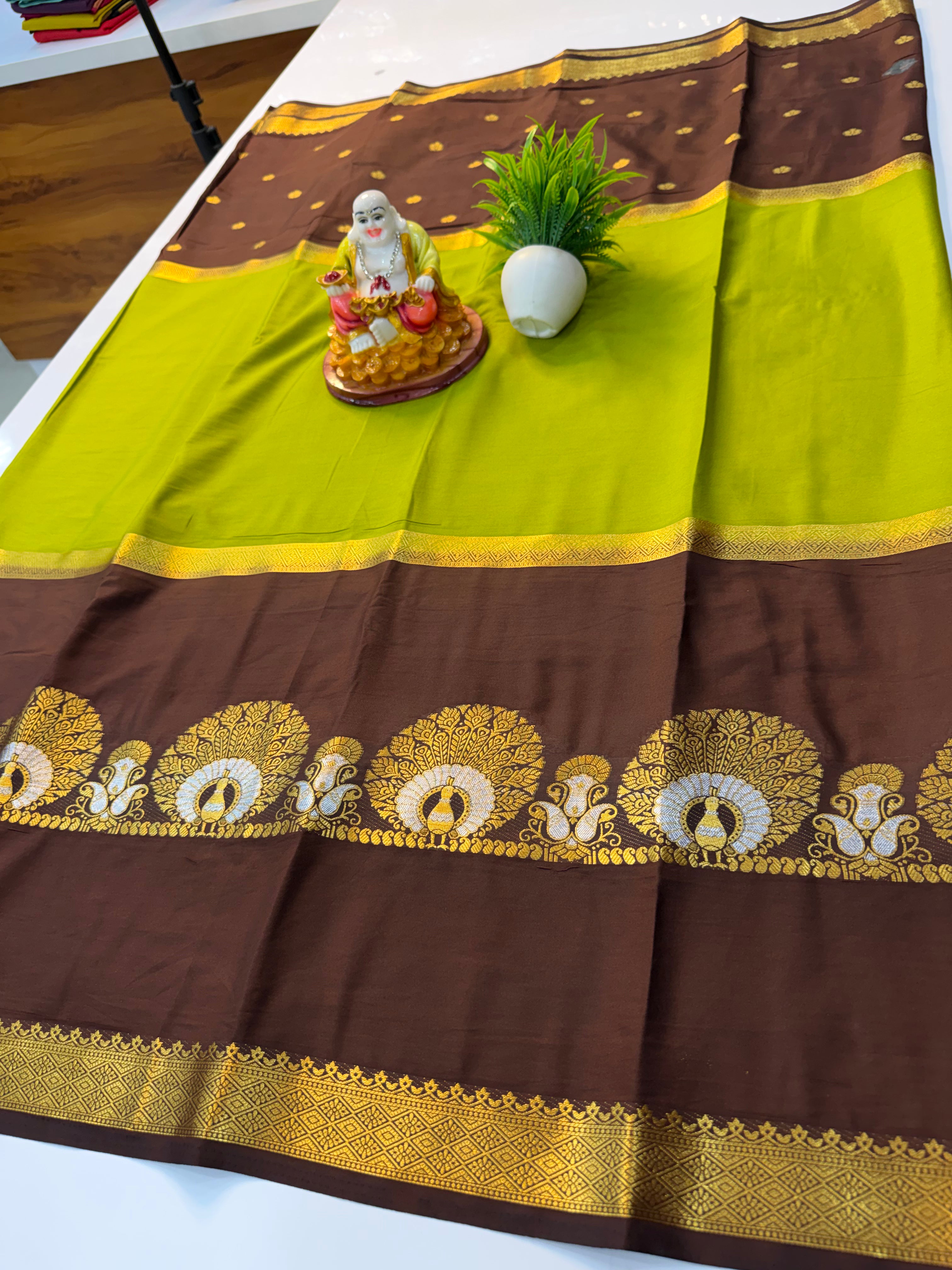 Premium Mysore Crepe Silk Saree with Peacock Design, Buttas & Contrast Pallu | Padmavathi Silks and Sarees