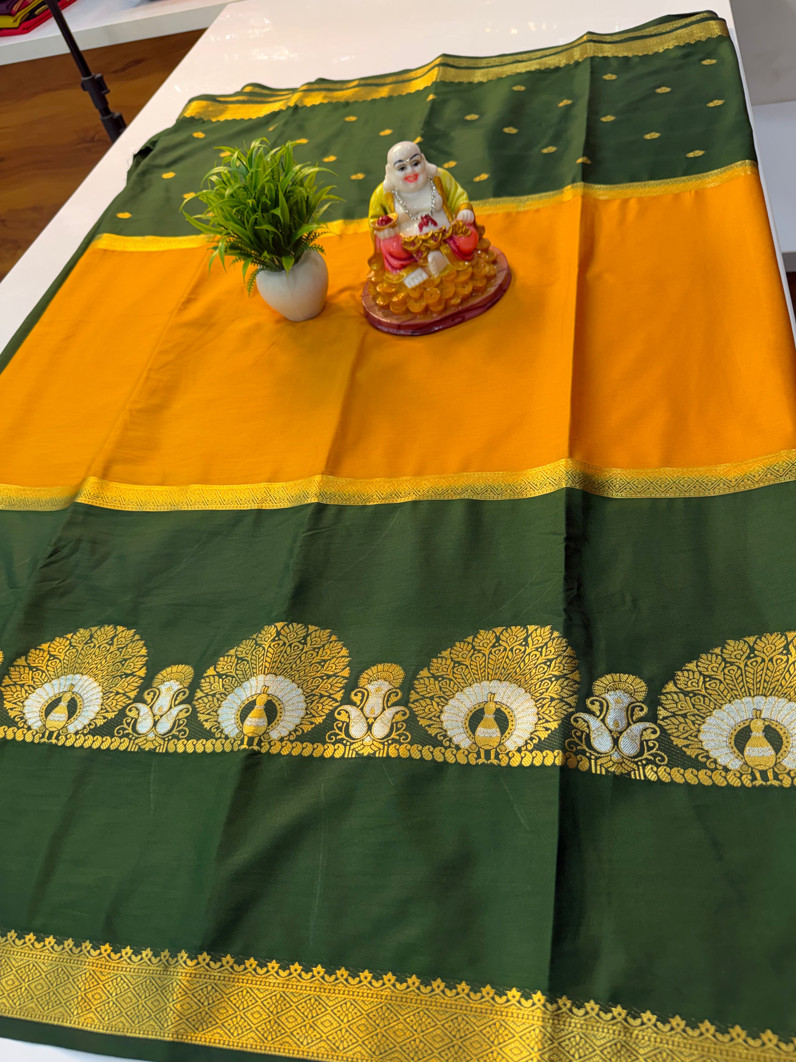 Premium Mysore Crepe Silk Saree with Peacock Design, Buttas & Contrast Pallu | Padmavathi Silks and Sarees