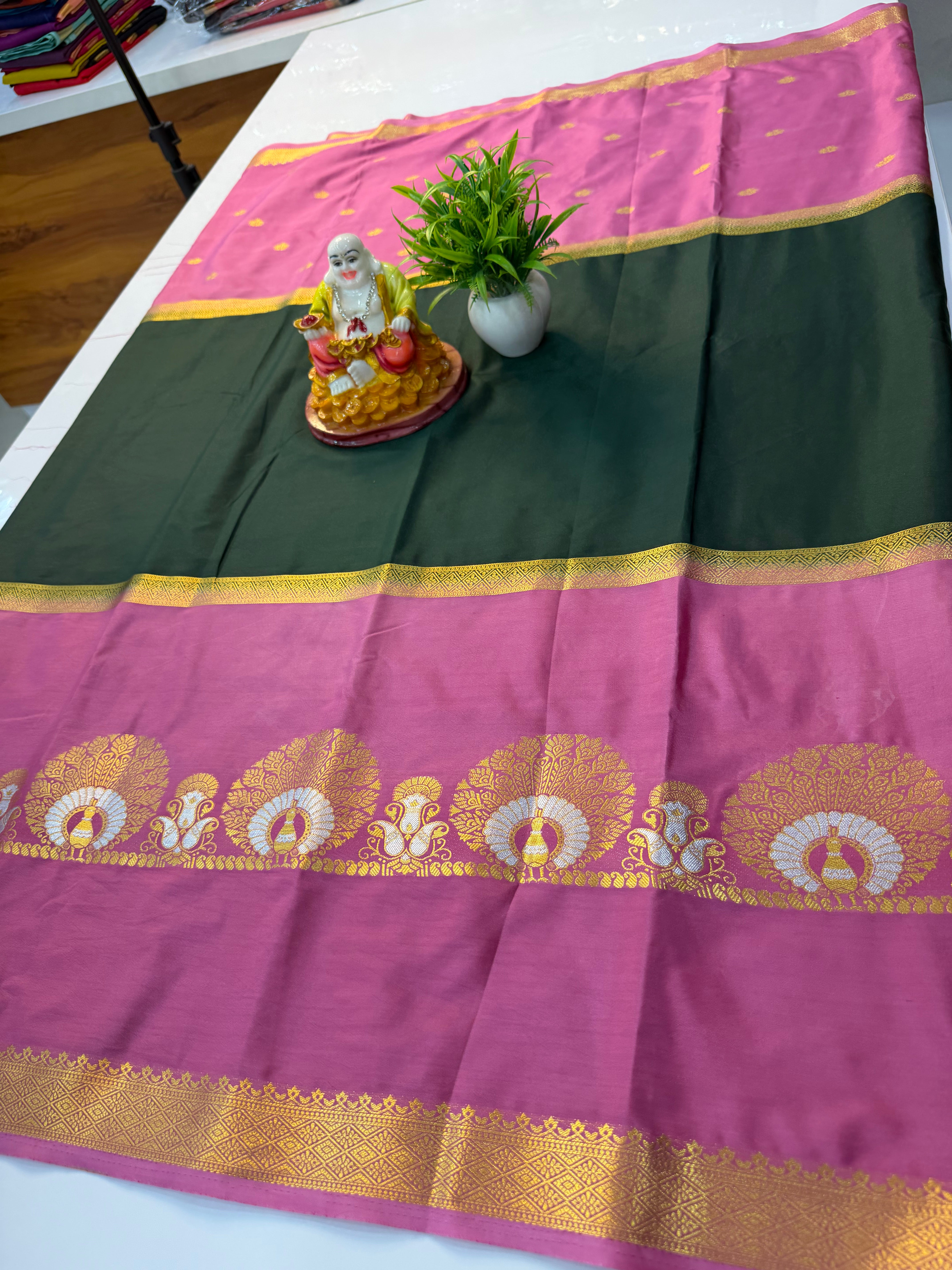 Premium Mysore Crepe Silk Saree with Peacock Design, Buttas & Contrast Pallu | Padmavathi Silks and Sarees