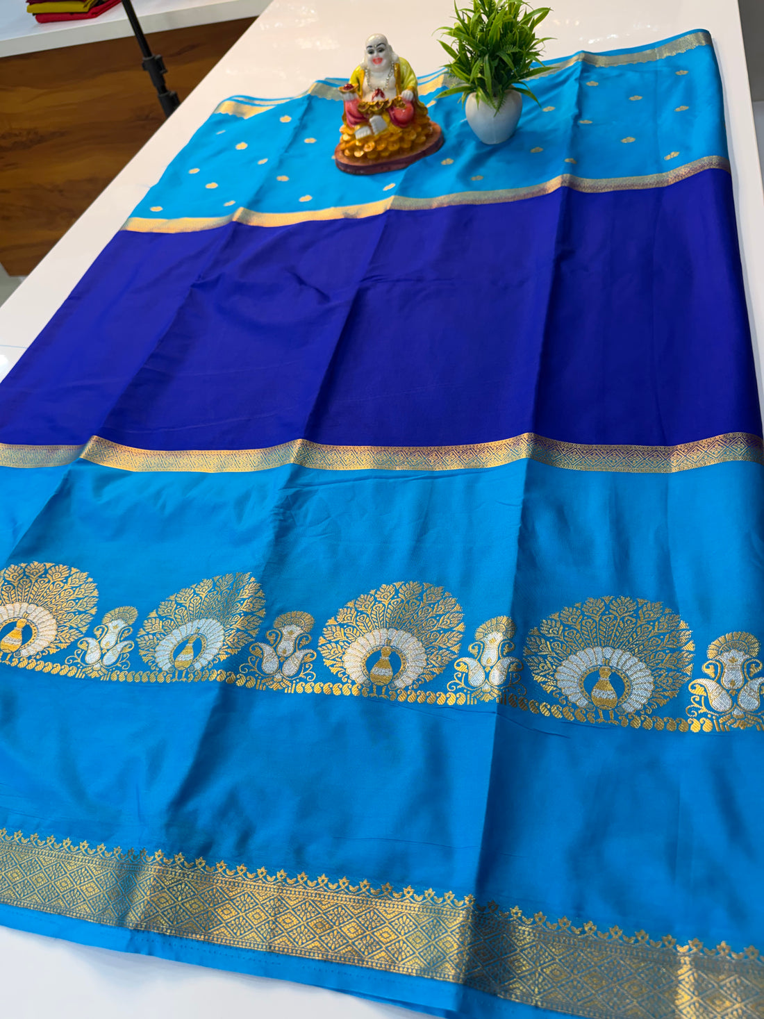 Premium Mysore Crepe Silk Saree with Peacock Design, Buttas & Contrast Pallu | Padmavathi Silks and Sarees