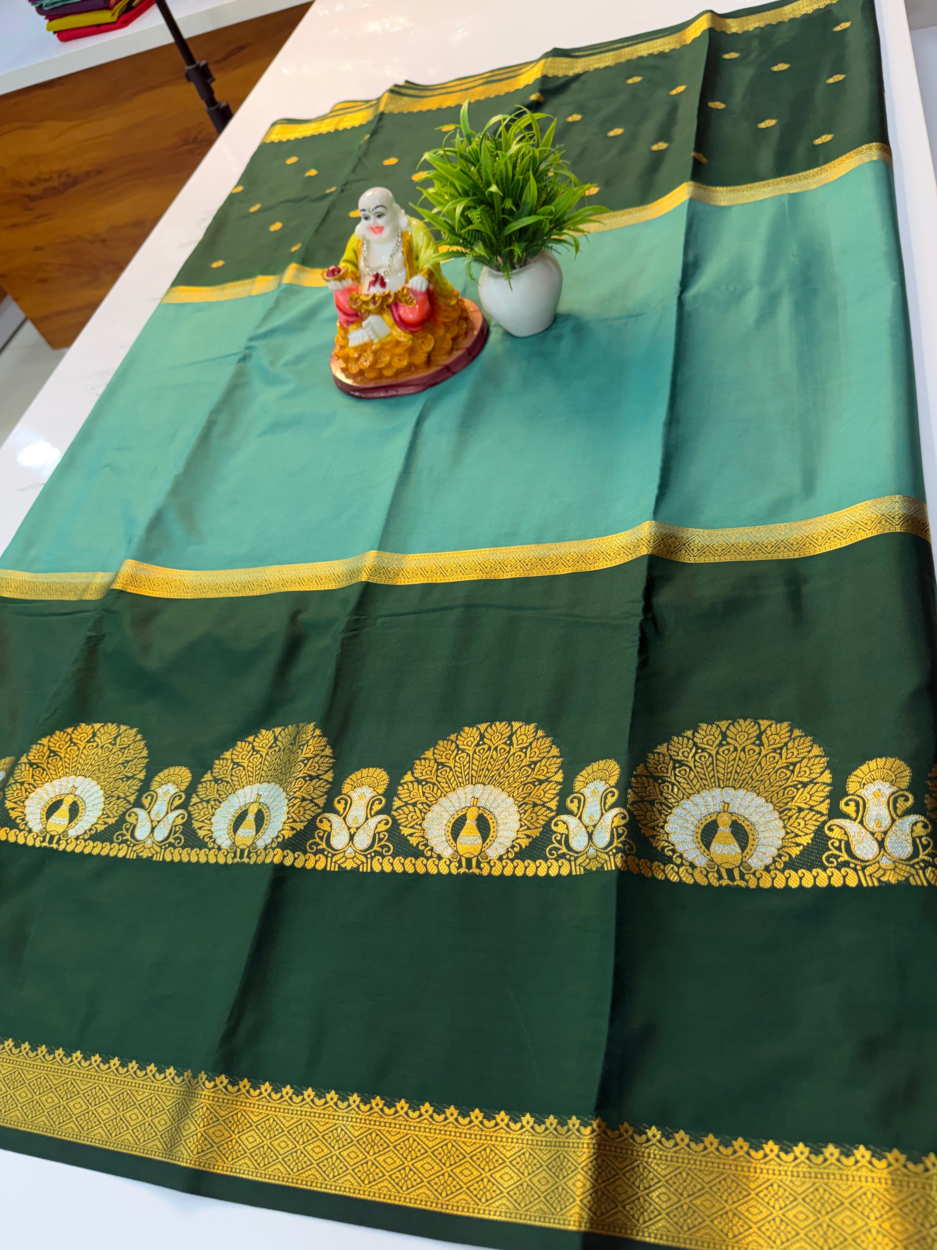 Premium Mysore Crepe Silk Saree with Peacock Design, Buttas & Contrast Pallu | Padmavathi Silks and Sarees