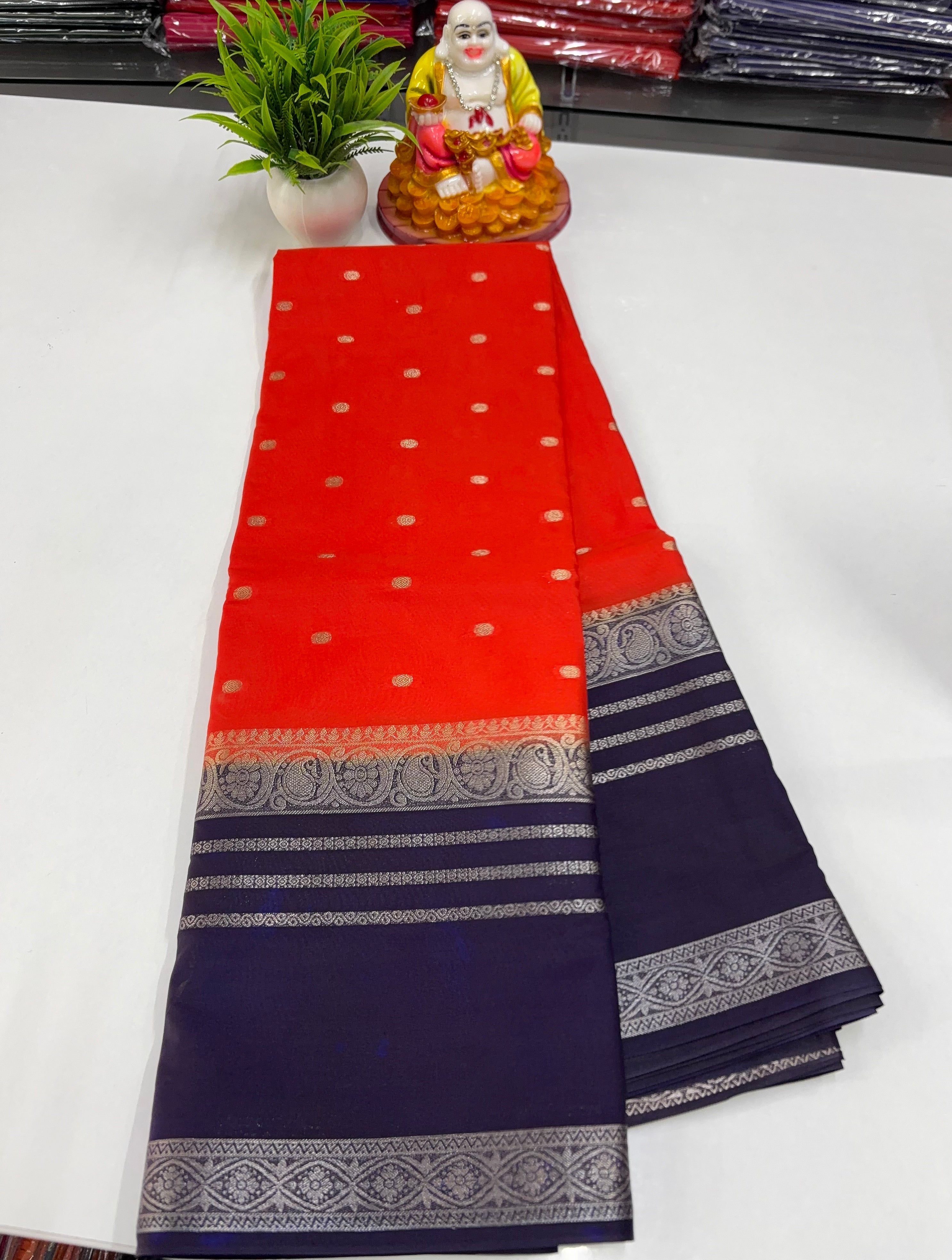 Mysore Crepe Silk Saree with Beautiful Buttas &amp; Chit Pallu