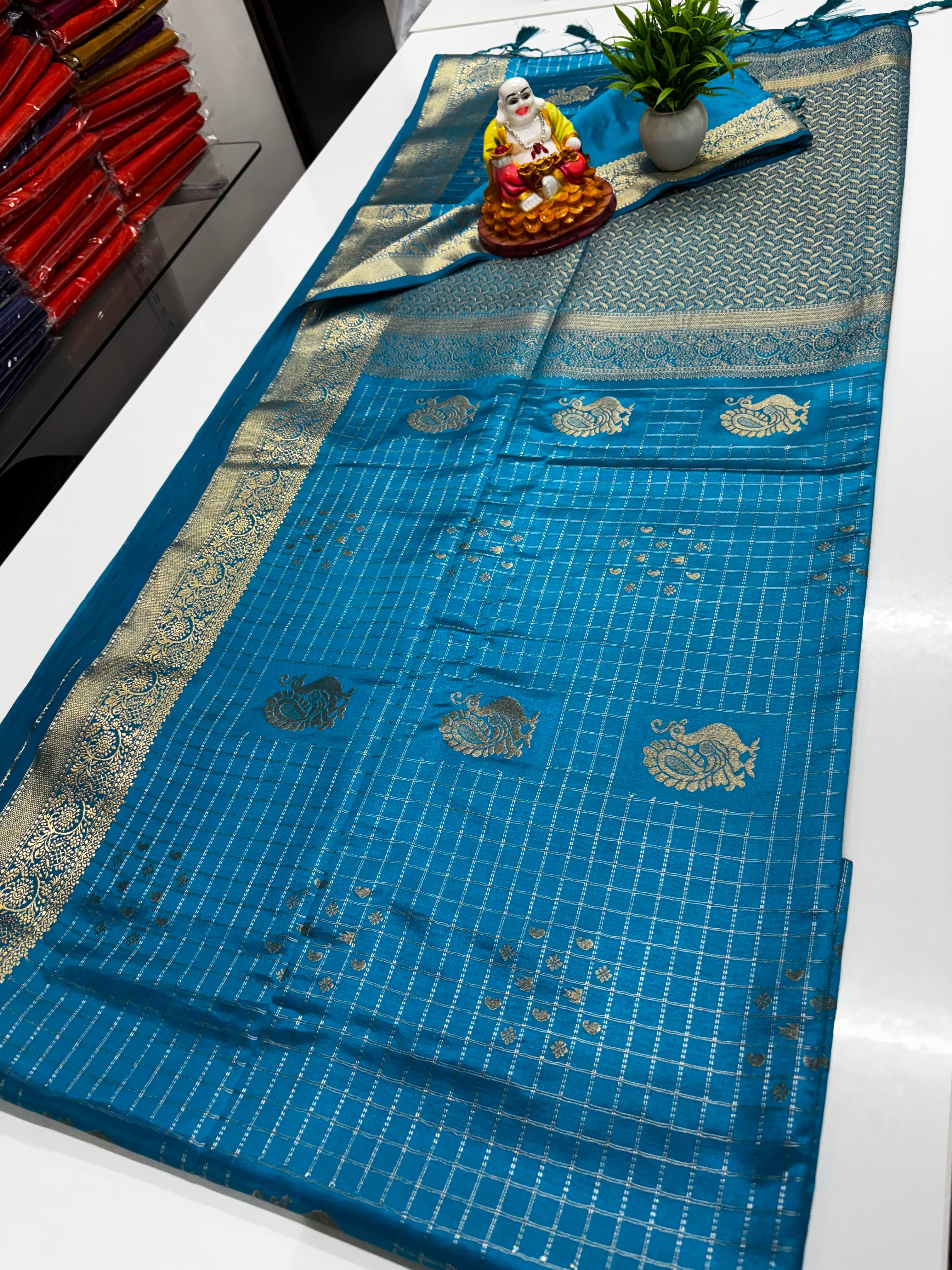 Premium Satin Saree with Rich Pallu & Peacock  and Butta Blouse