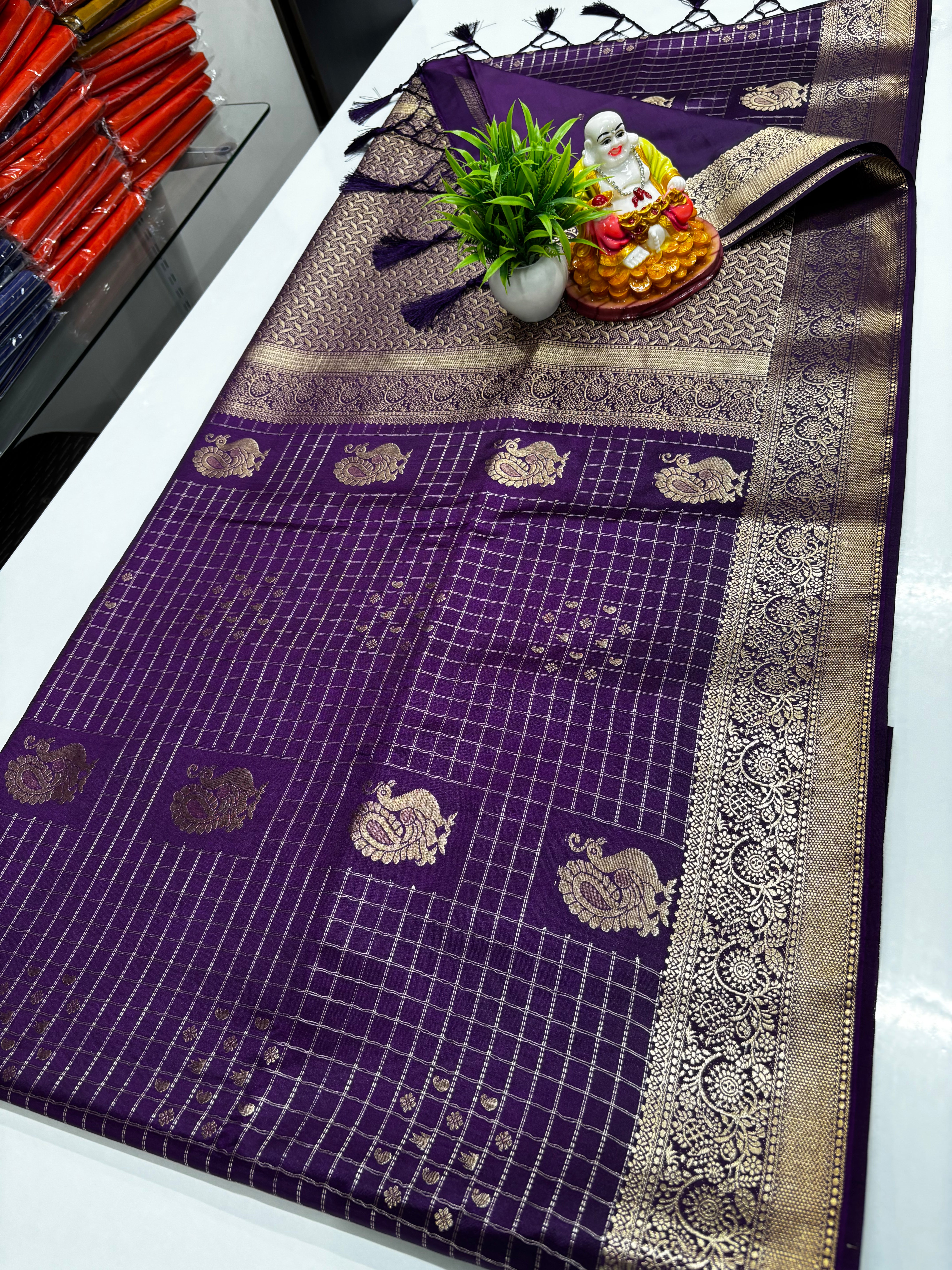 Premium Satin Saree with Rich Pallu & Peacock  and Butta Blouse