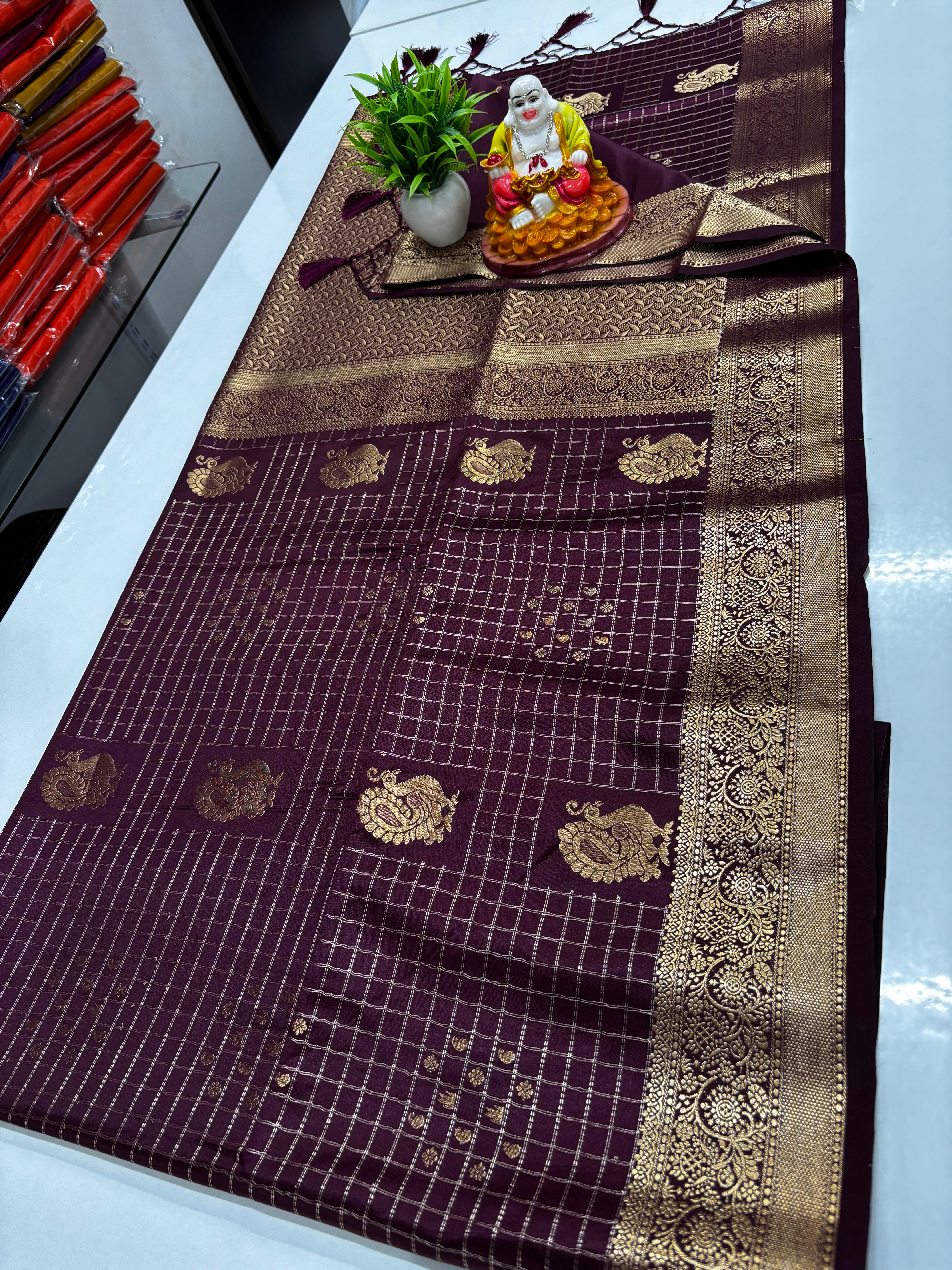 Premium Satin Saree with Rich Pallu & Peacock  and Butta Blouse