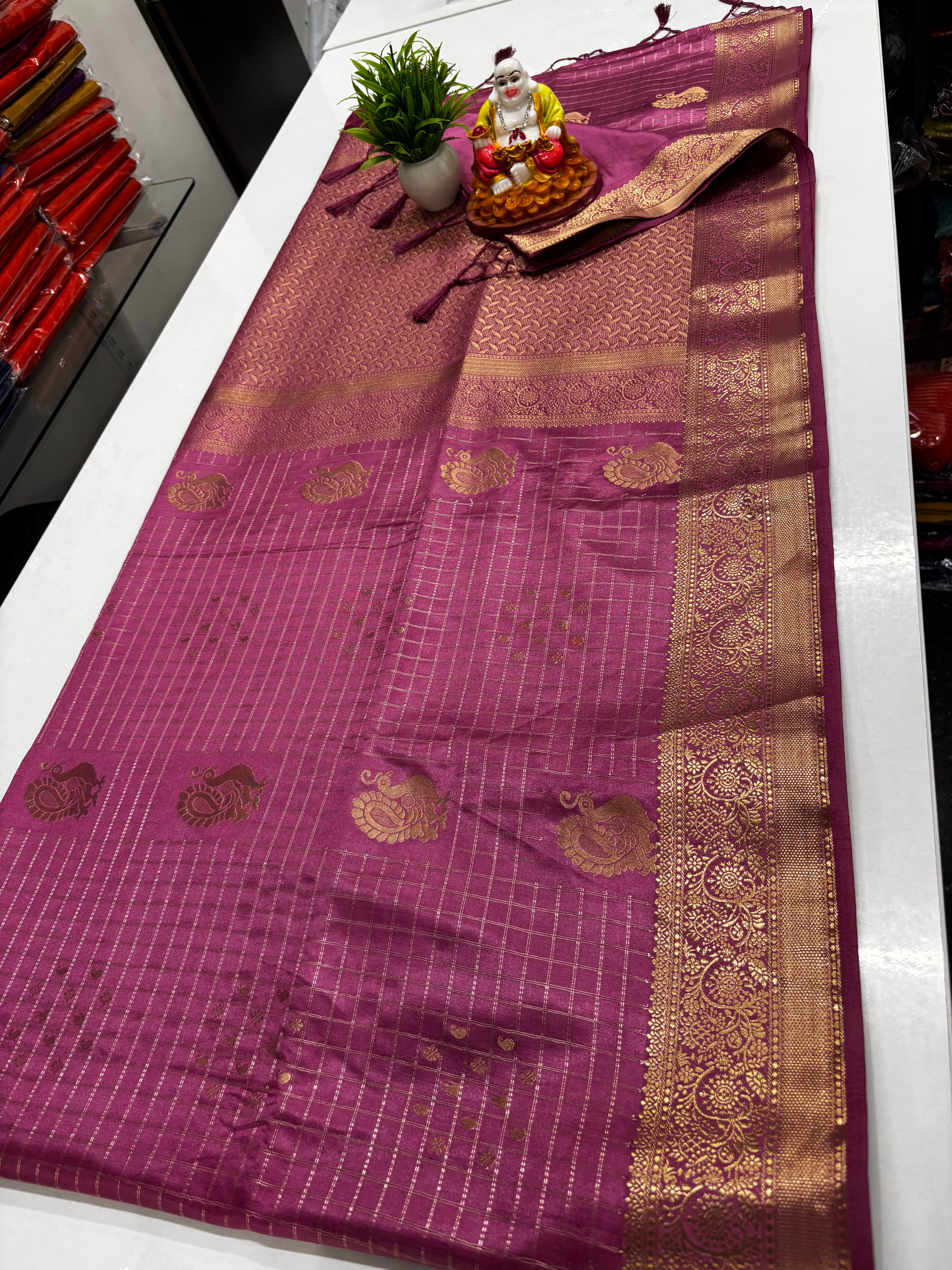 Premium Satin Saree with Rich Pallu & Peacock  and Butta Blouse