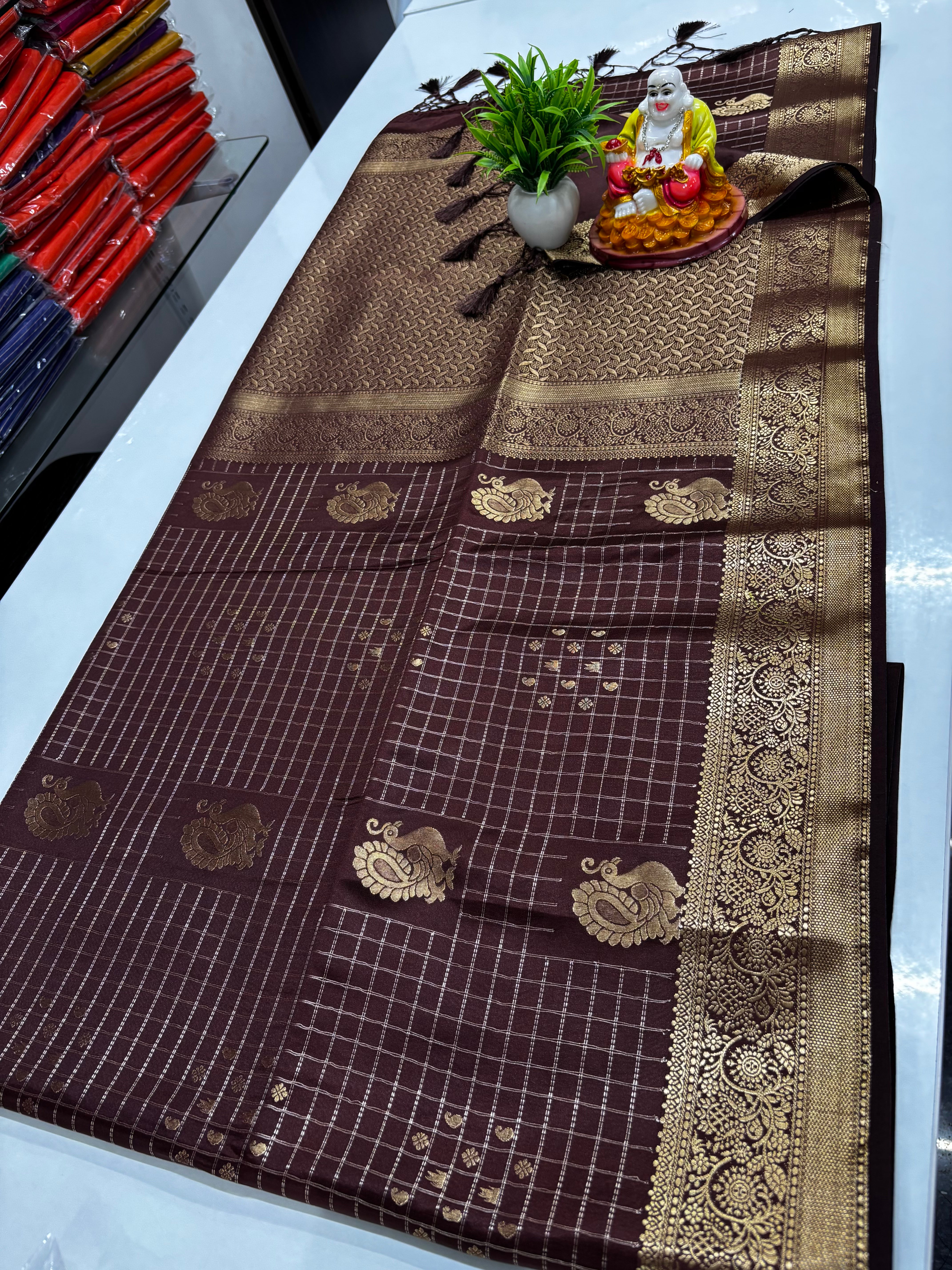 Premium Satin Saree with Rich Pallu & Peacock  and Butta Blouse