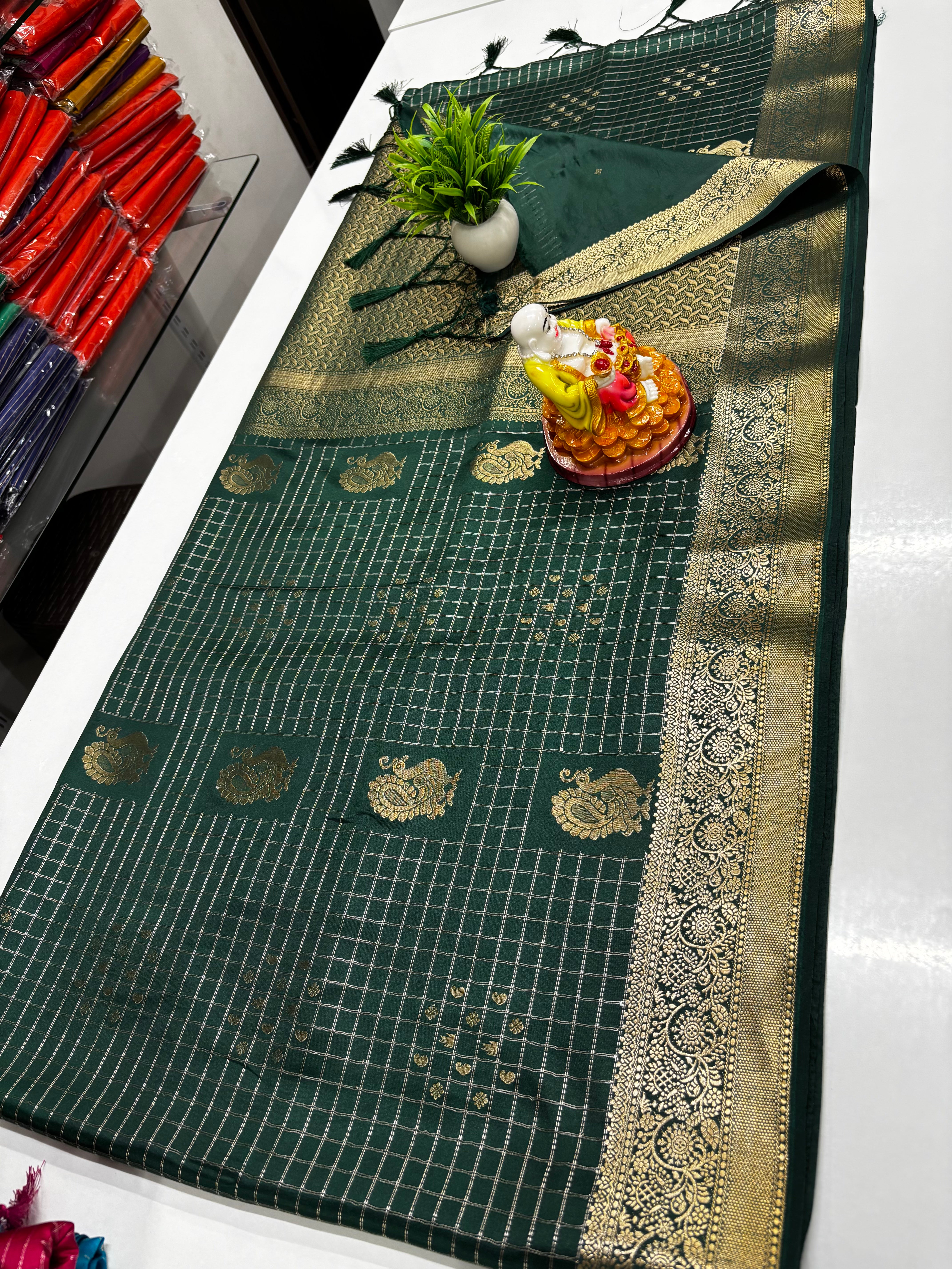 Premium Satin Saree with Rich Pallu & Peacock  and Butta Blouse