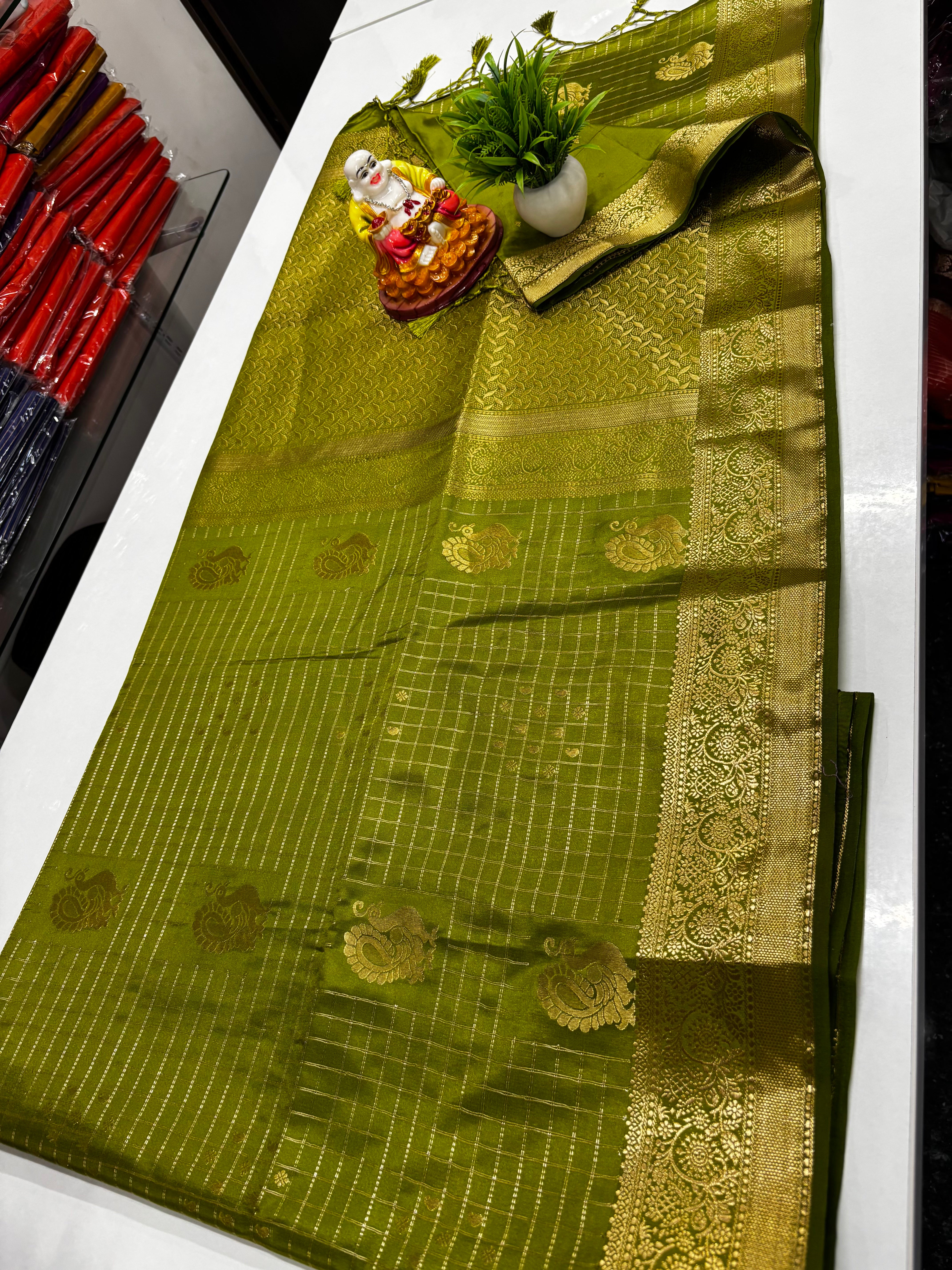 Premium Satin Saree with Rich Pallu & Peacock  and Butta Blouse