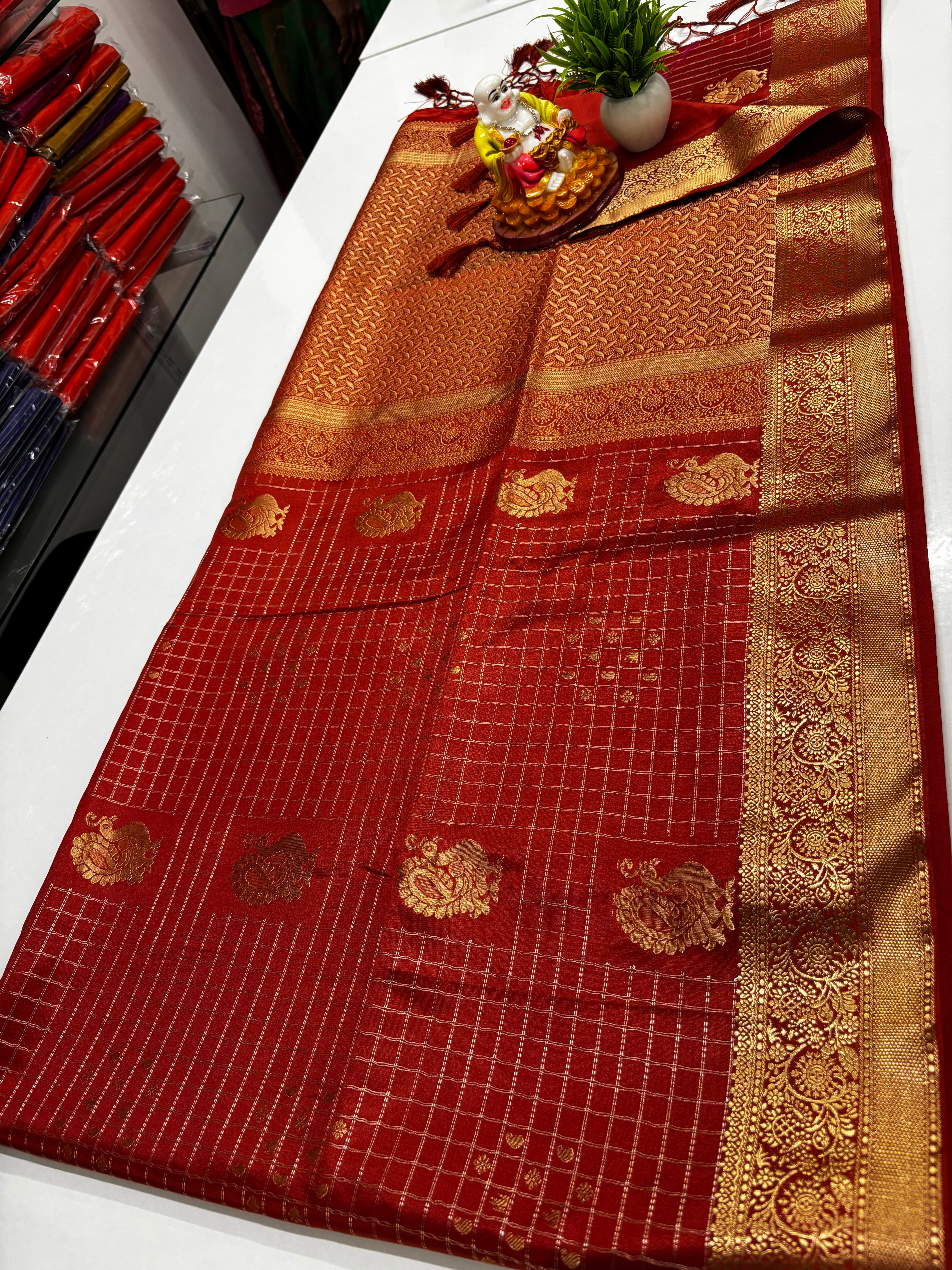 Premium Satin Saree with Rich Pallu & Peacock  and Butta Blouse