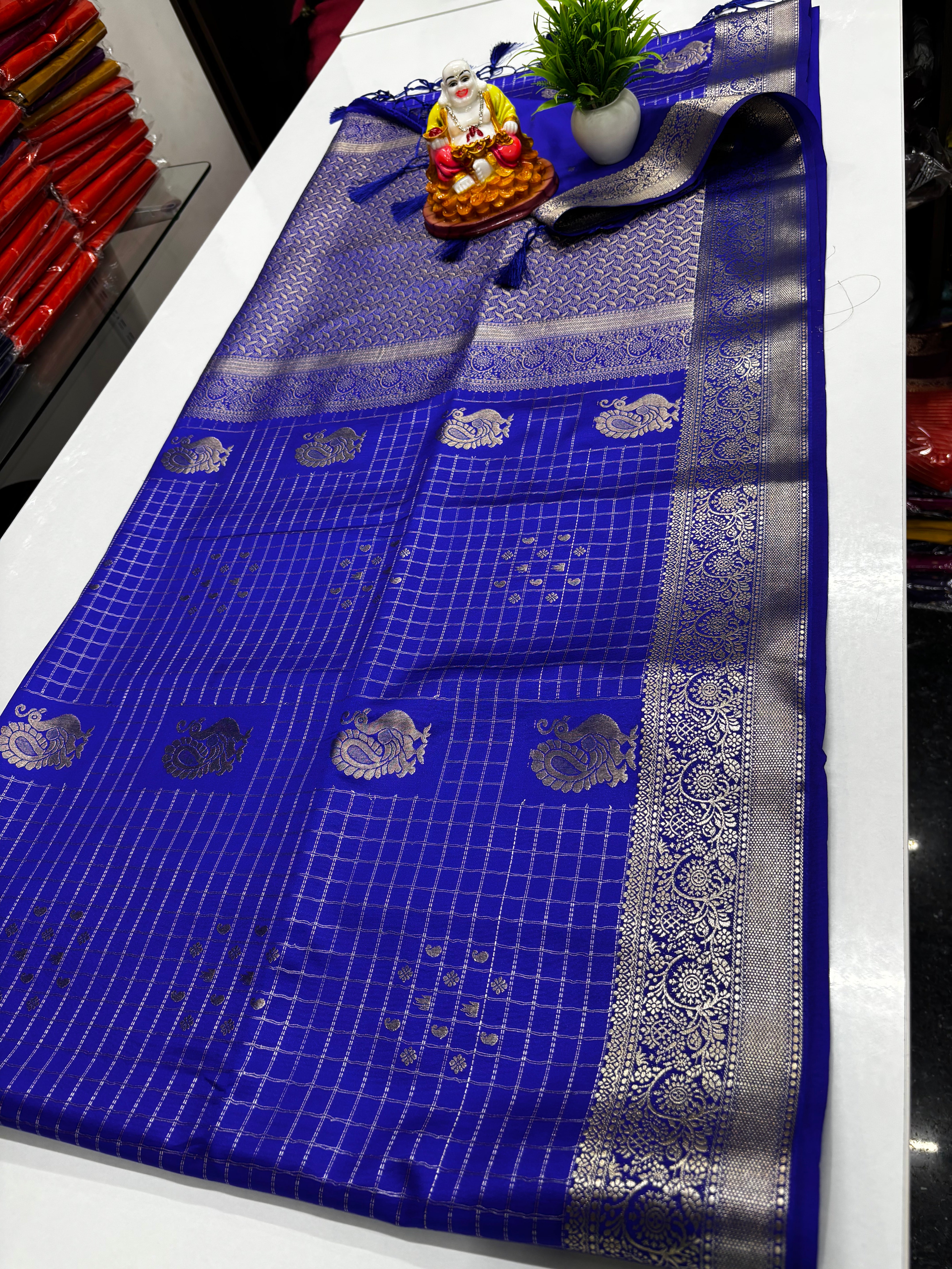 Premium Satin Saree with Rich Pallu & Peacock  and Butta Blouse