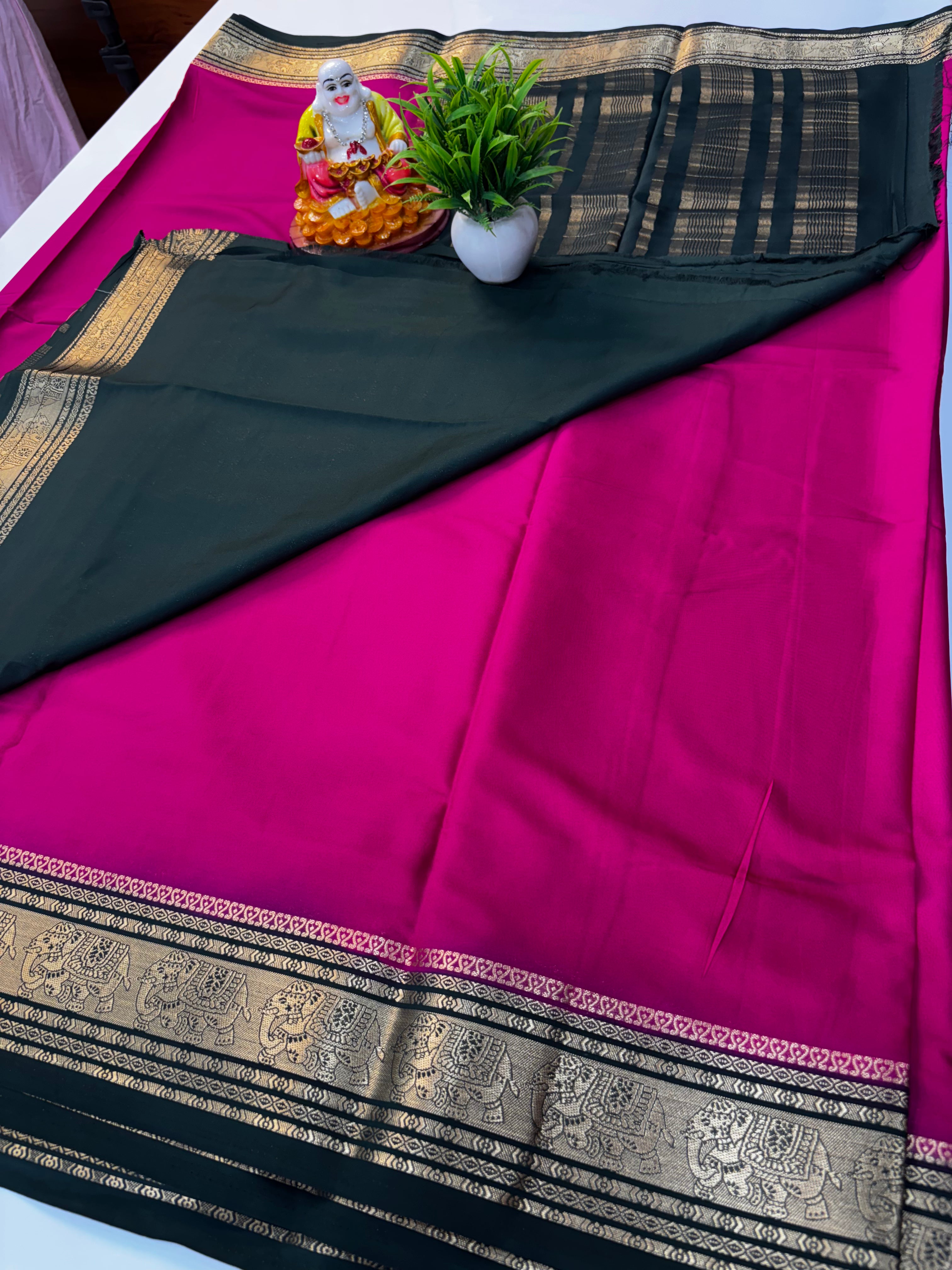 Premium Mysore Crepe Silk Saree with Elephant Border & Chit Pallu