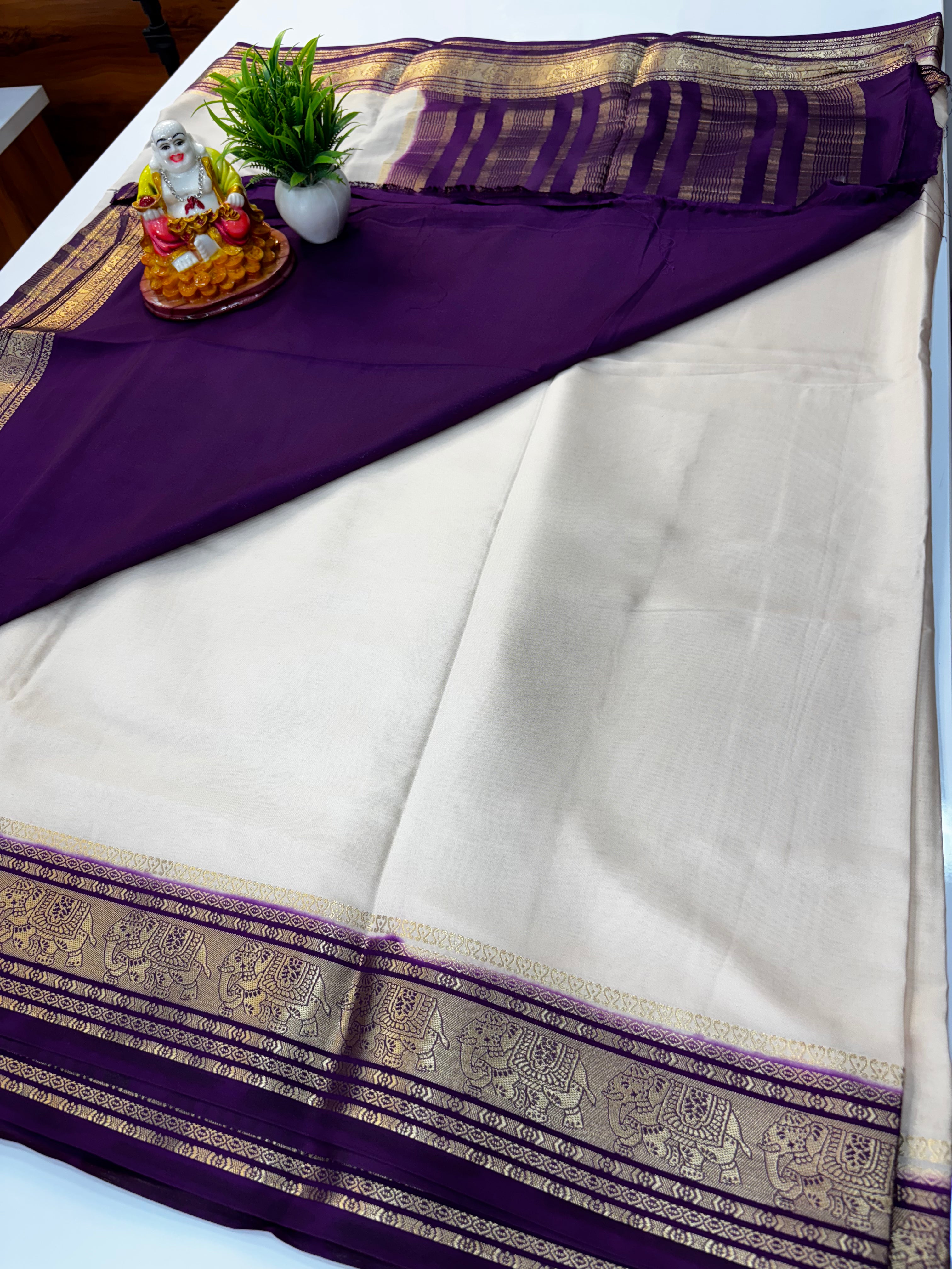 Premium Mysore Crepe Silk Saree with Elephant Border & Chit Pallu